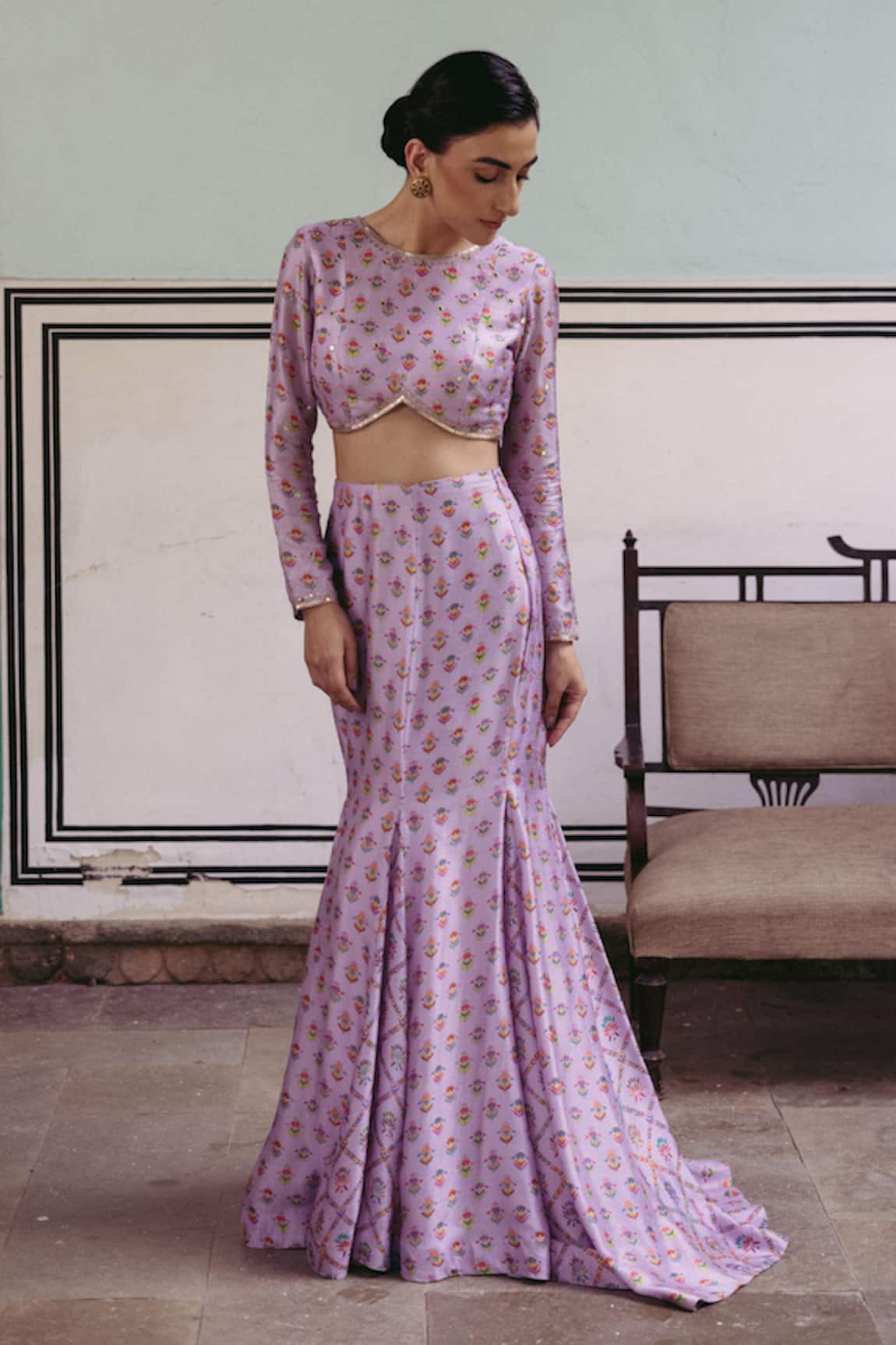 Drishti & Zahabia Floral Print Crop Top & Fish Tail Skirt Set