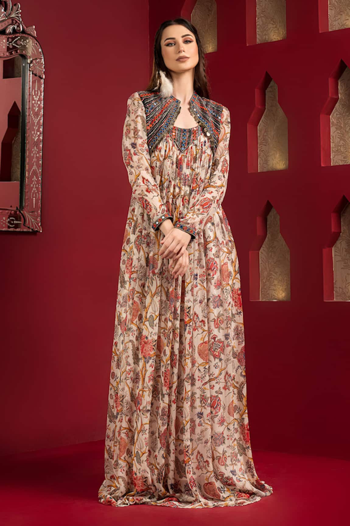 Q by Sonia Baderia Floral Print Maxi Dress With Jacket