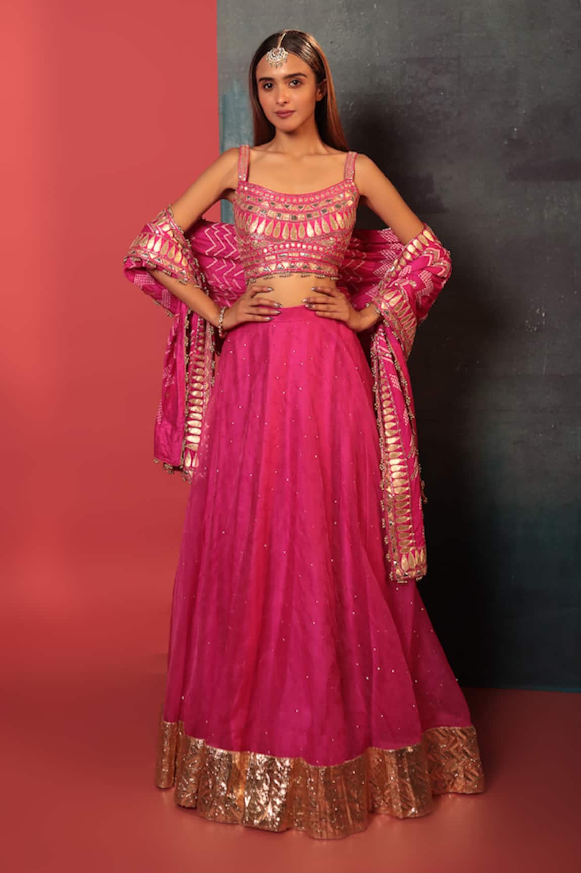 Bandhani Pink Gota Embroidered Lehenga Set