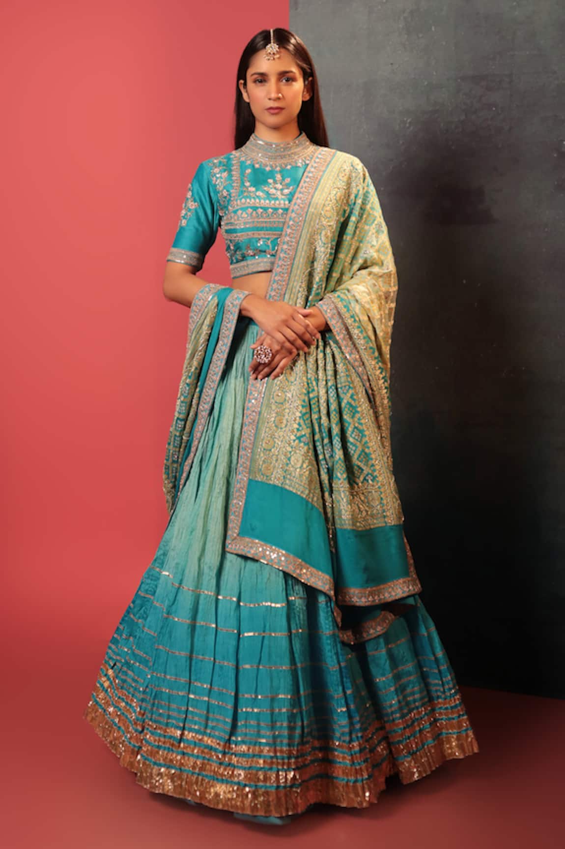 Bandhani Ombre Embroidered Lehenga Blouse Set