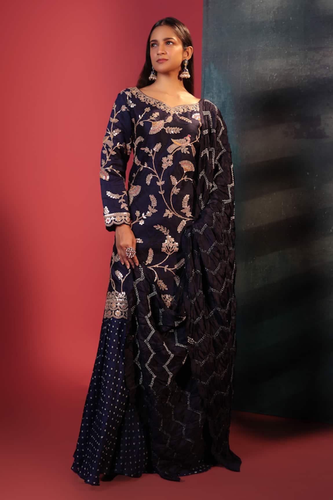 Bandhani Silk Gota Embellished Kurta Sharara Set