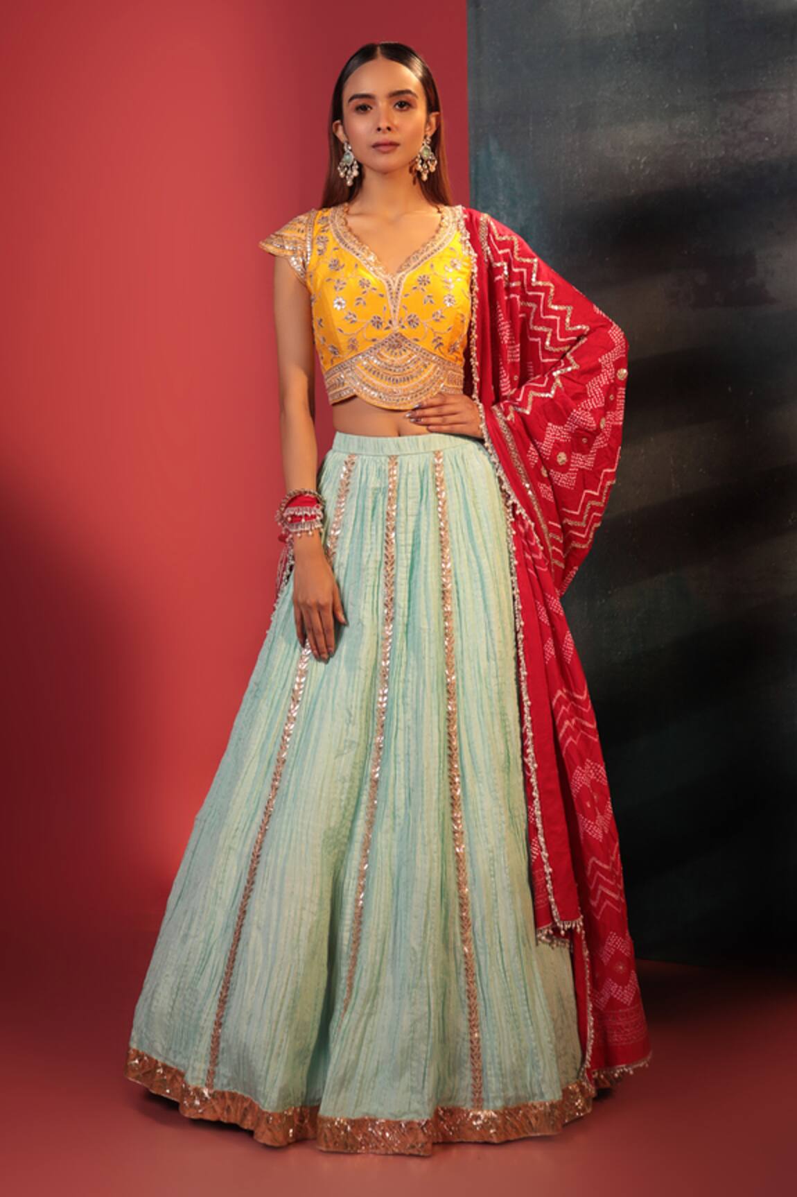 Bandhani Silk Stripe Pattern Lehenga Set