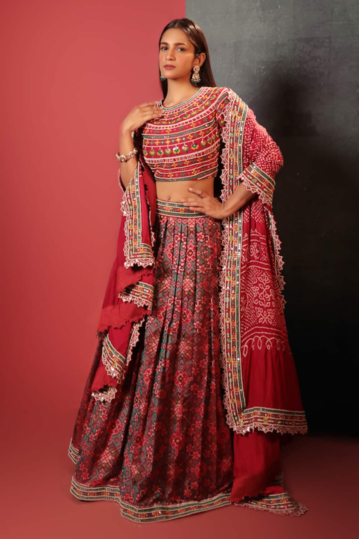 Bandhani Silk Patola Pattern A-Line Lehenga Set