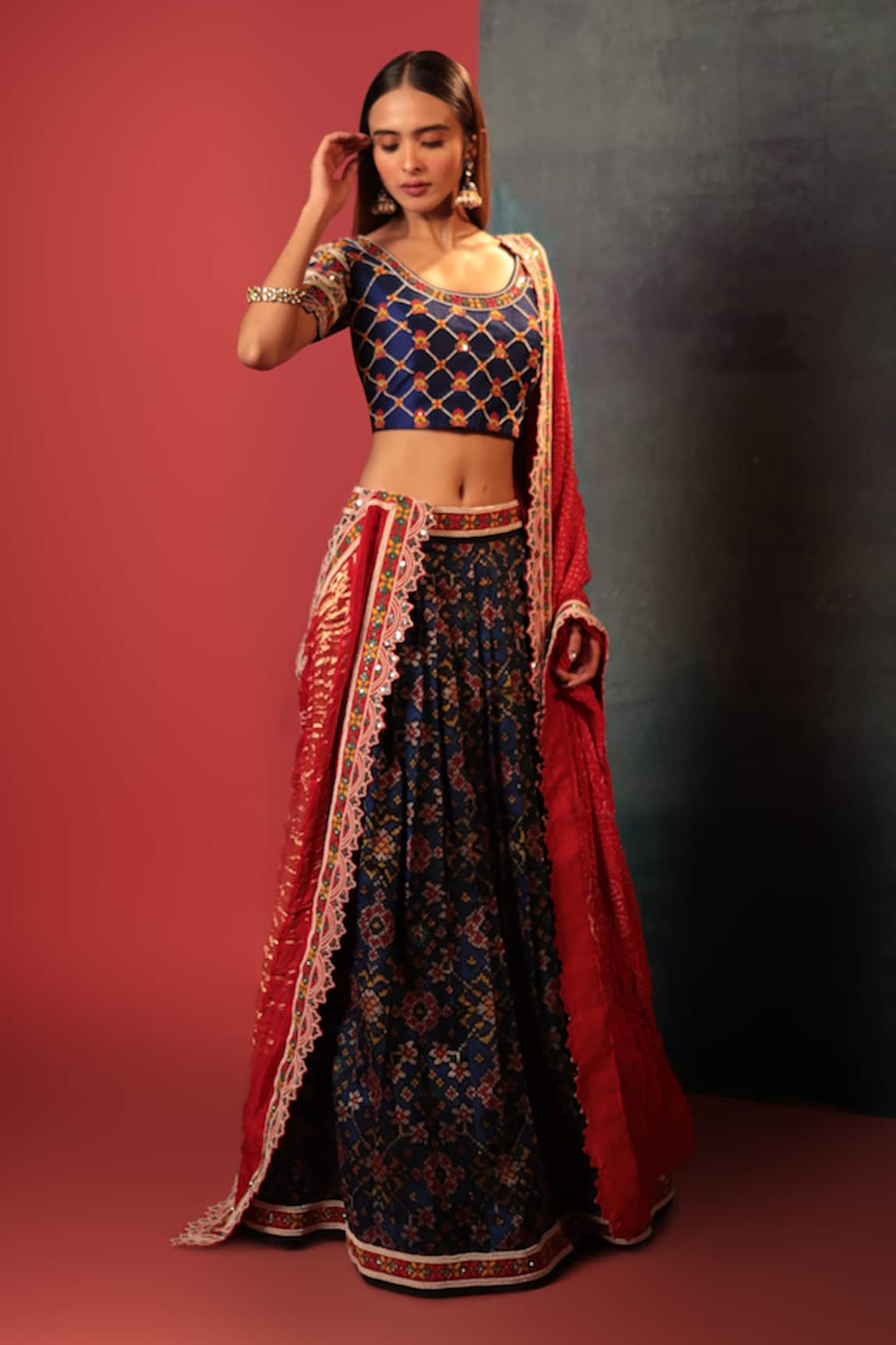 Bandhani Patola Pattern Lehenga & Kathiawadi Embroidered Blouse Set