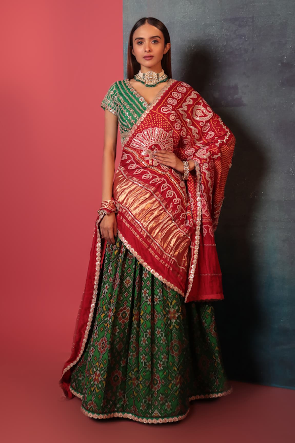 Bandhani Silk Floral Patola Pattern Lehenga Set