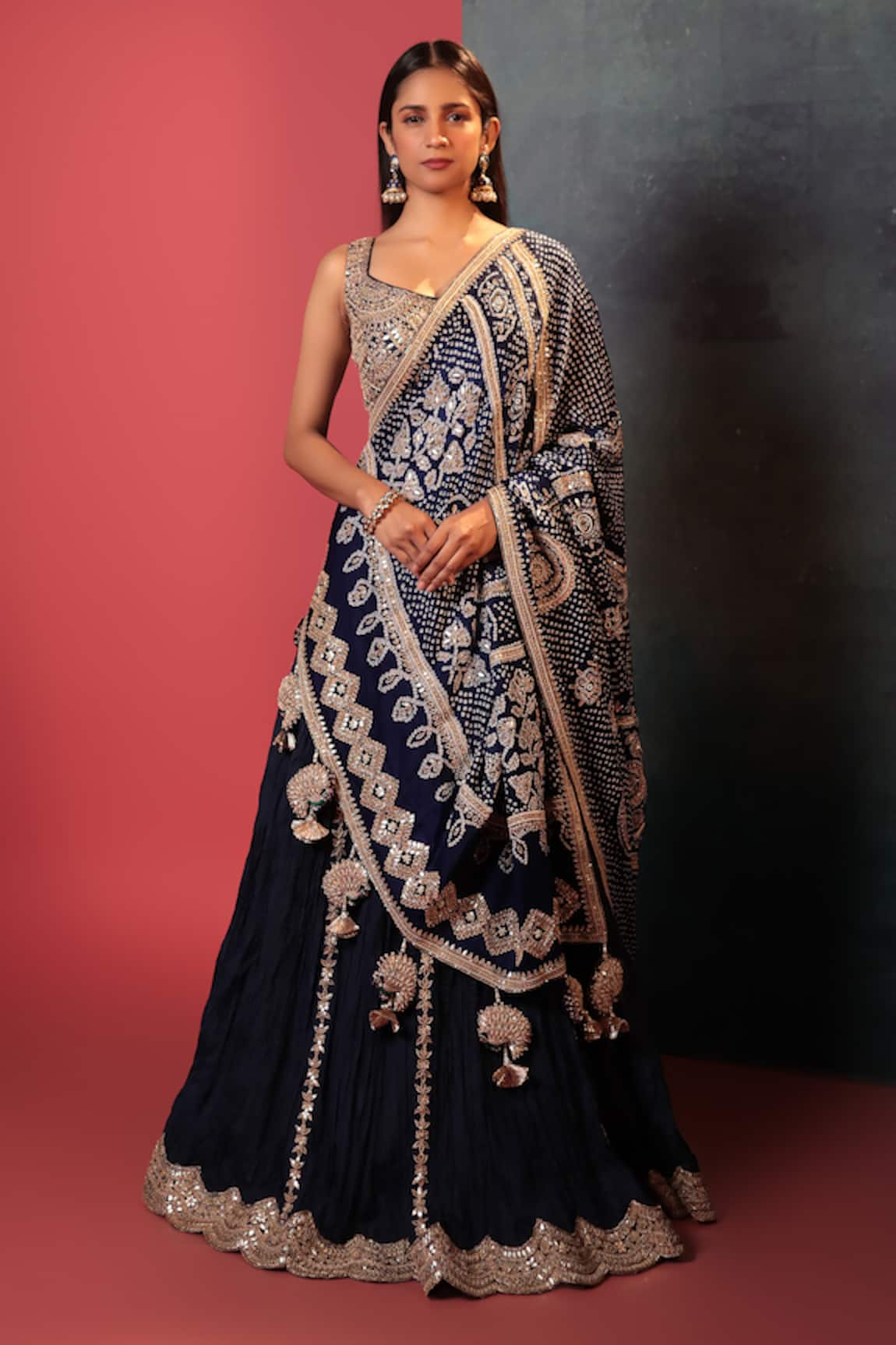 Bandhani Placement Gota Embroidered A-Line Lehenga Set