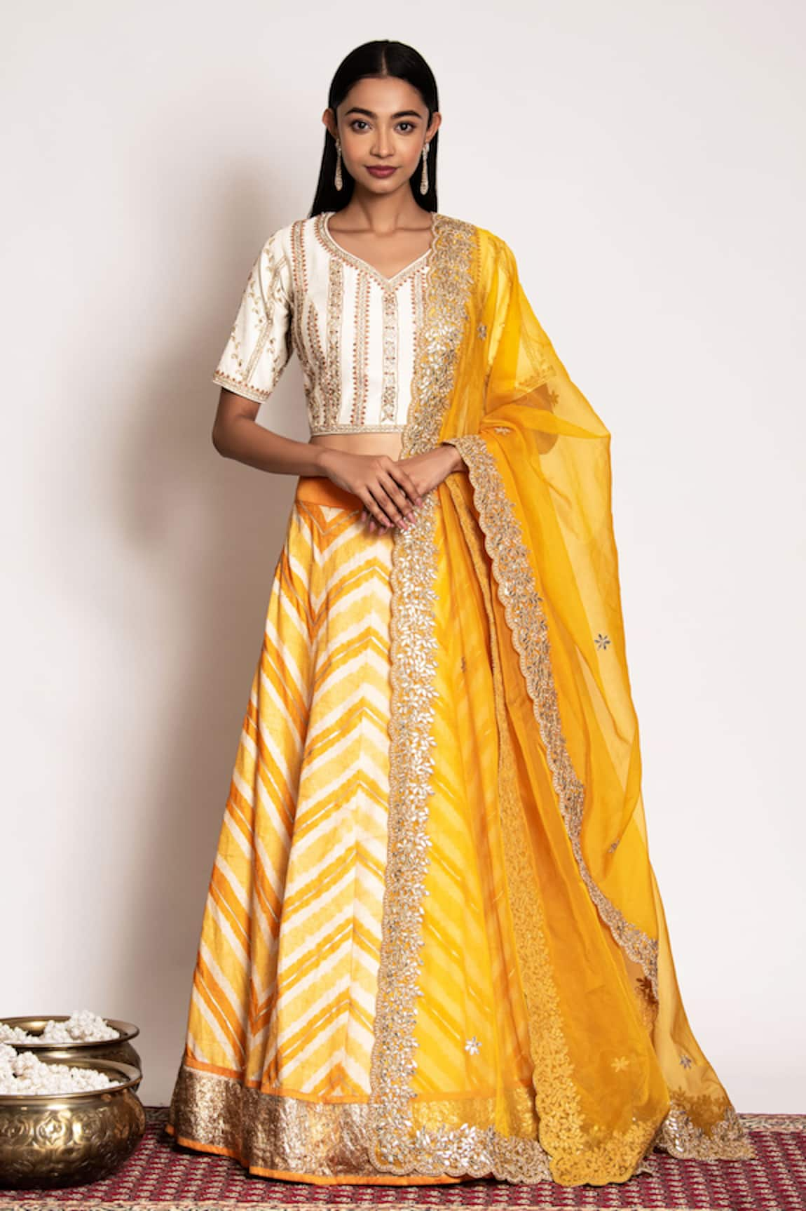 Bandhani Leheriya Pattern Panelled Lehenga Set