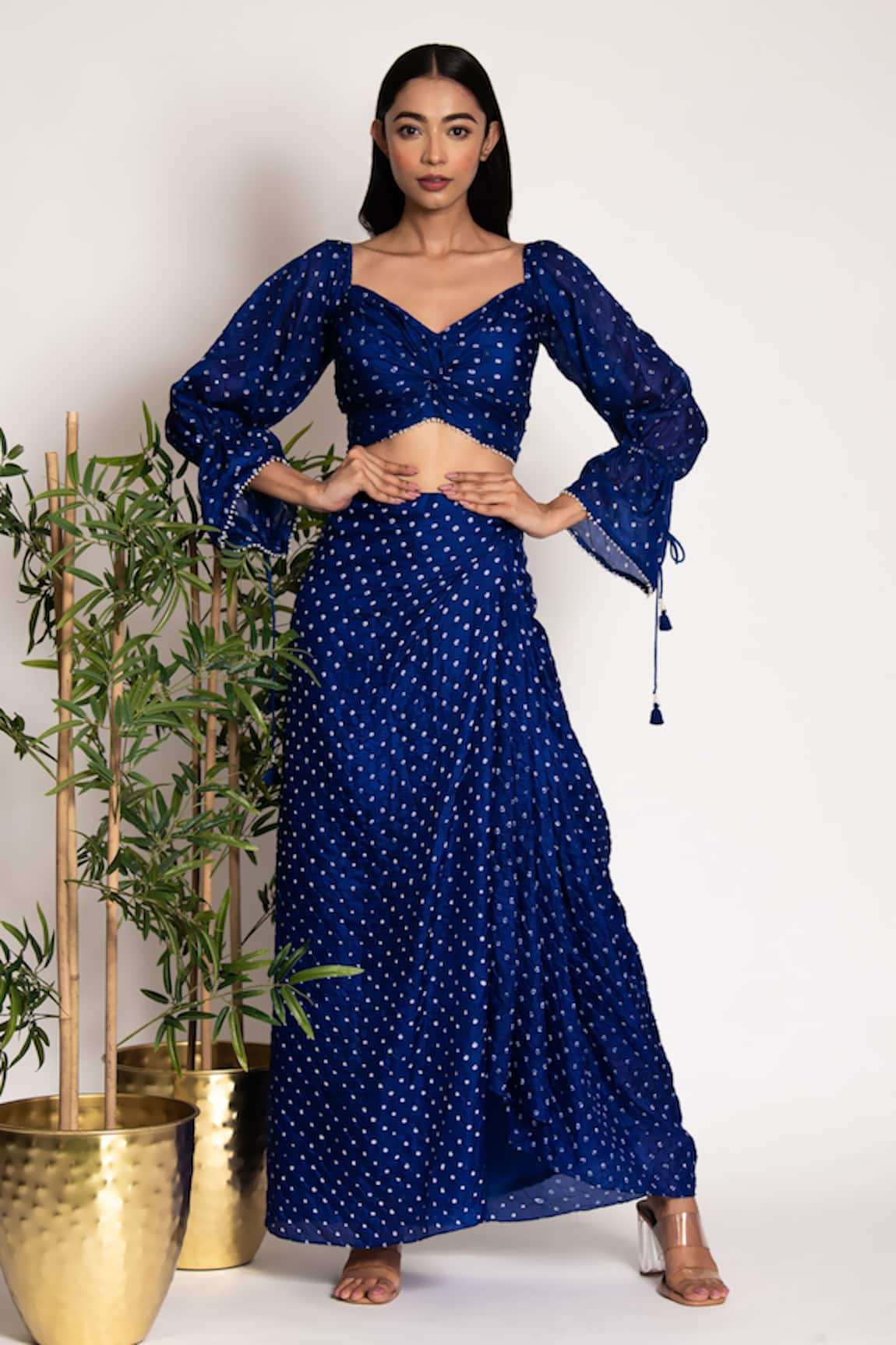 Bandhani Silk Bandhani Pattern Blouse With Draped Skirt