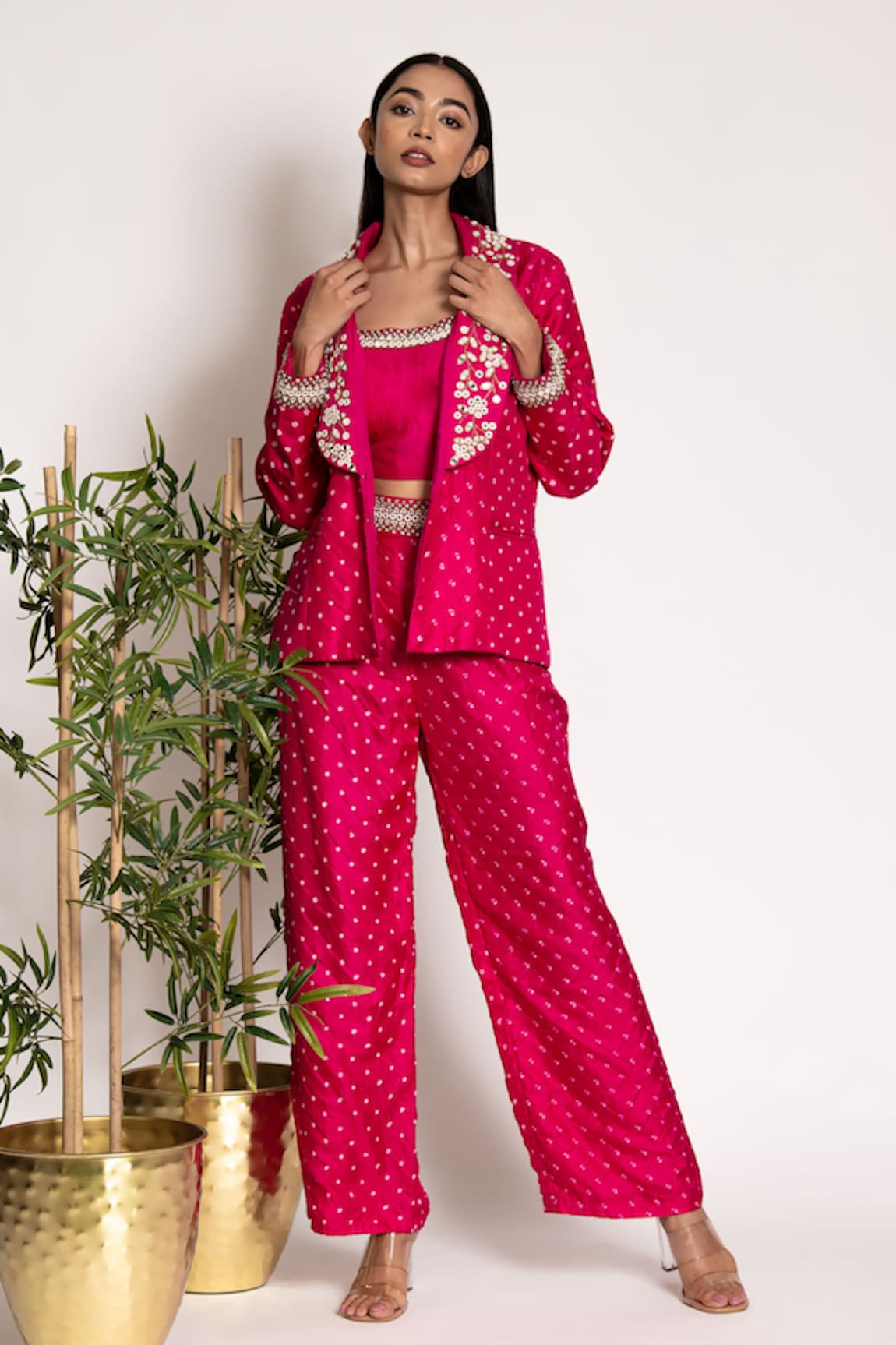 Bandhani Silk Mirrorwork Embellished Blazer Pant Set