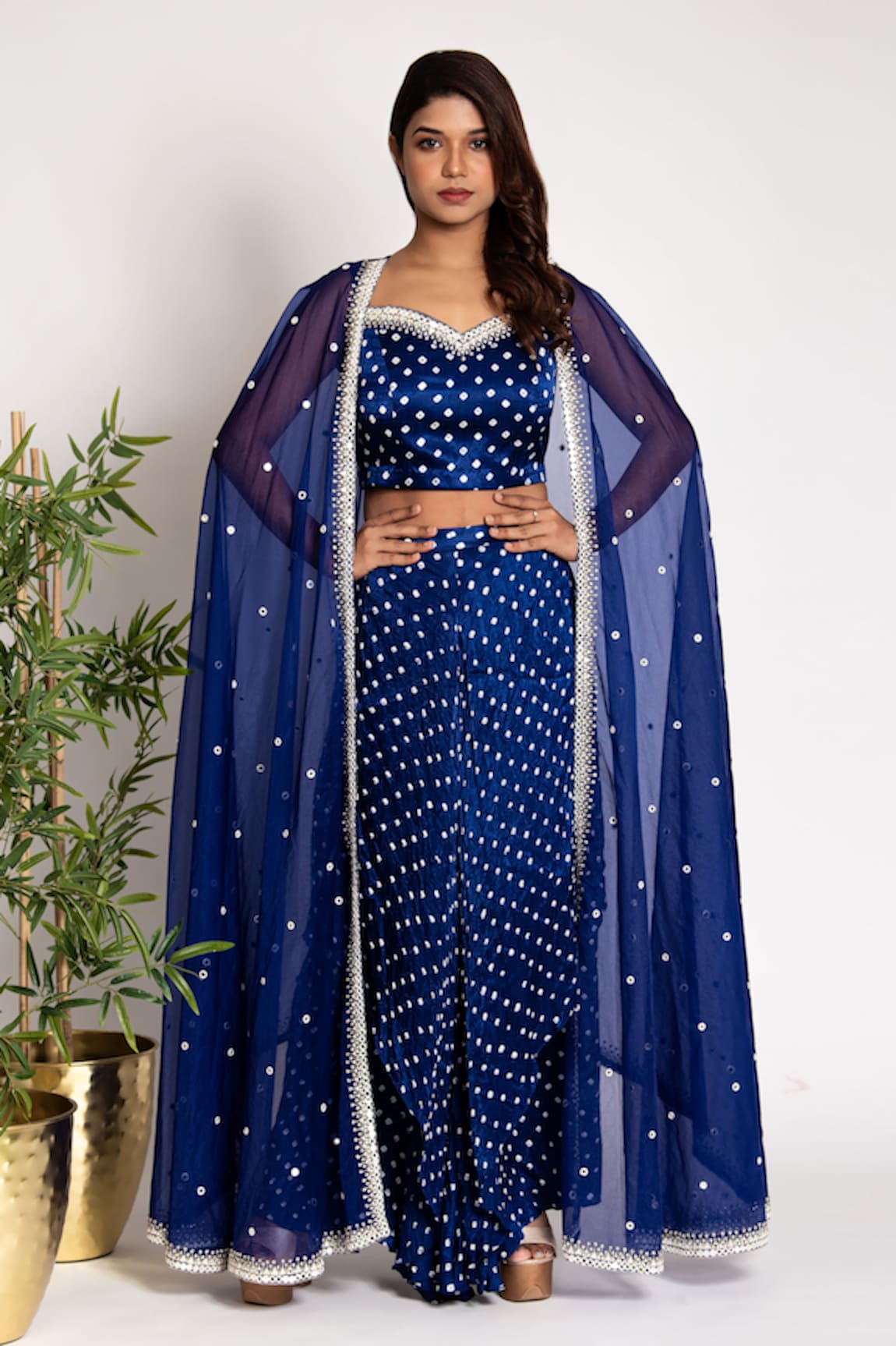 Bandhani Sheer Mirrorwork Cape Sharara Set