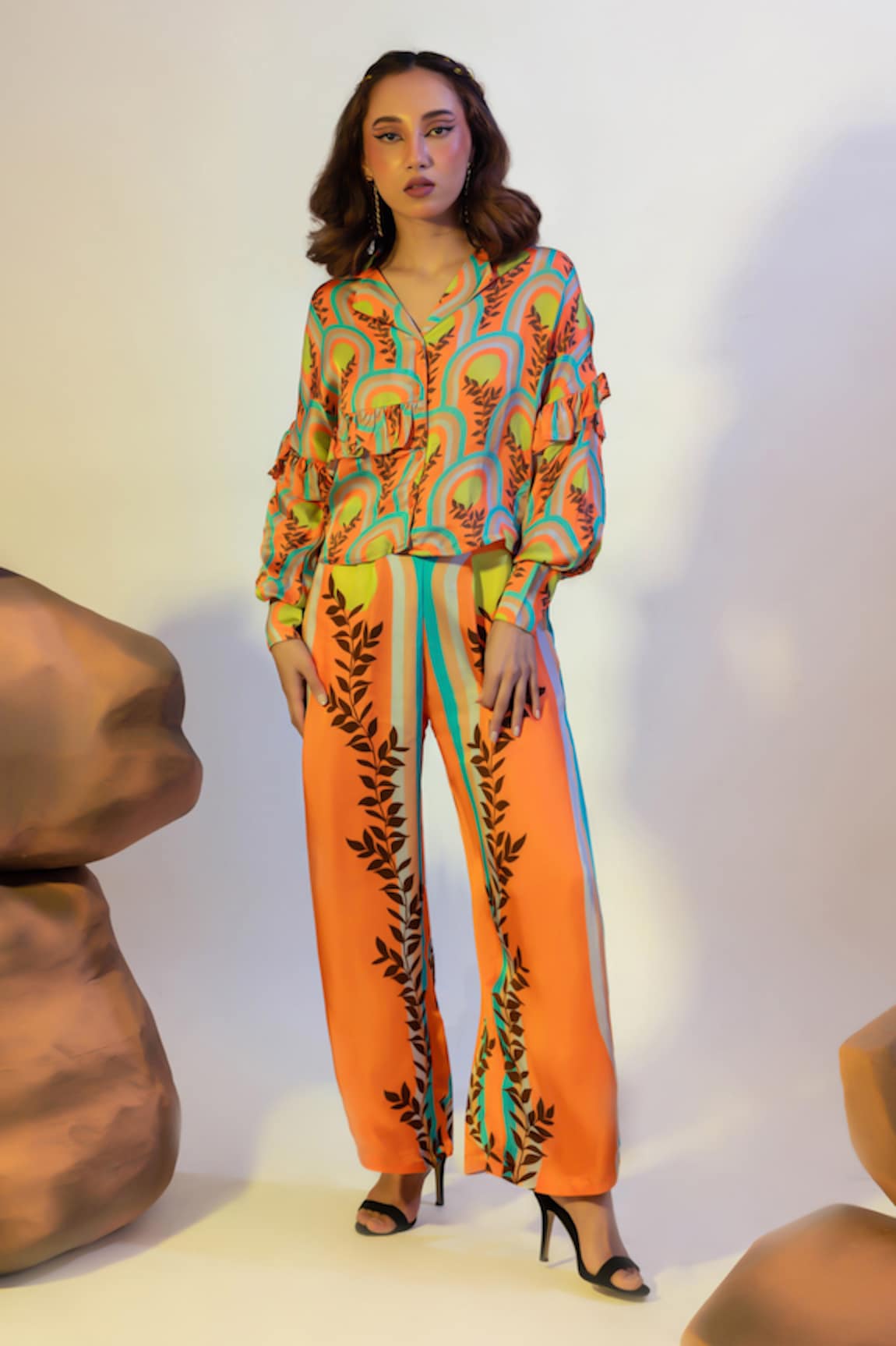 That Thing You Love Abstract Print Satin Shirt & Slit Pant Set