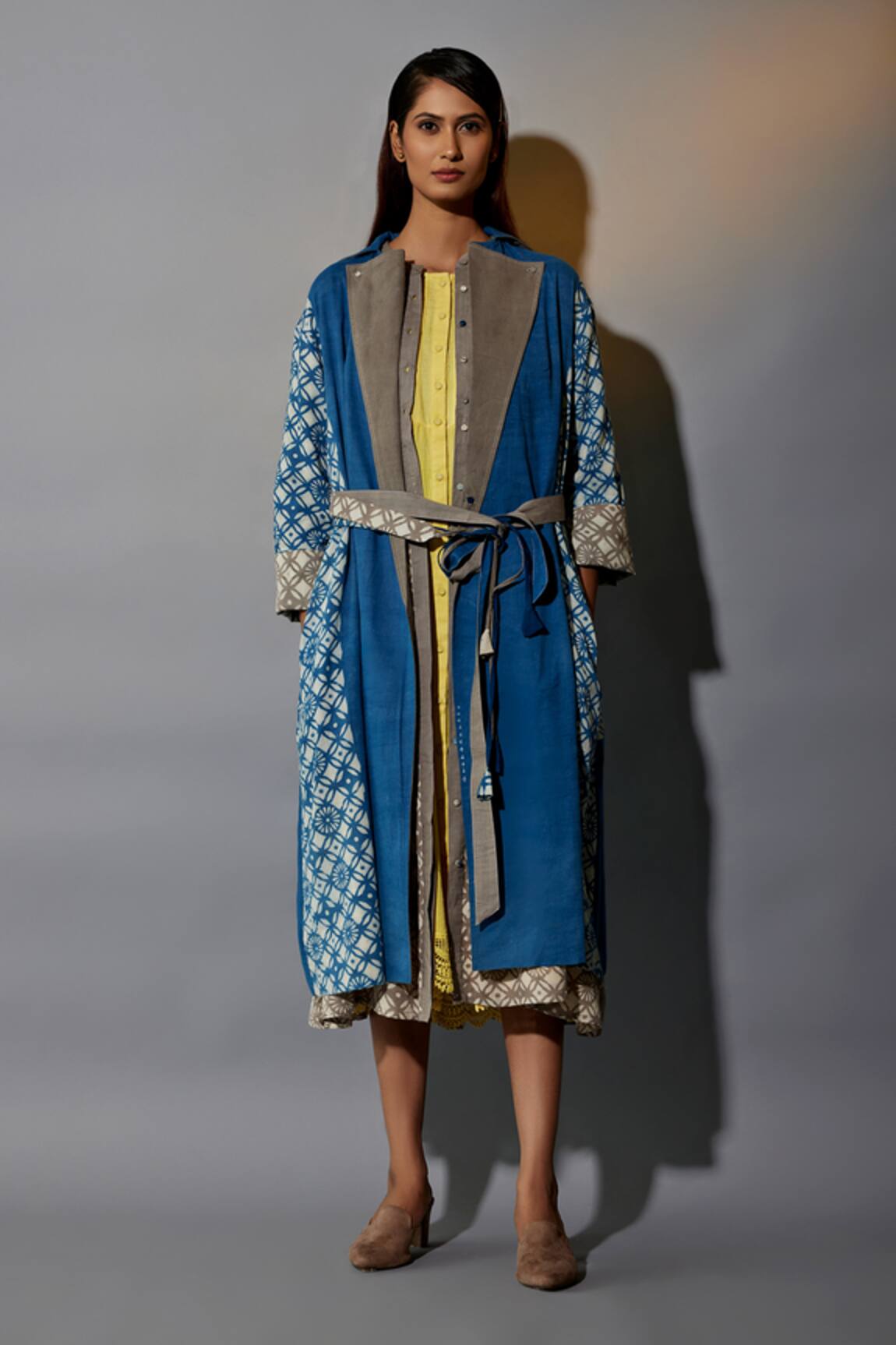 JAYATI GOENKA Geometric Hand Block Printed Trench Coat With Dress