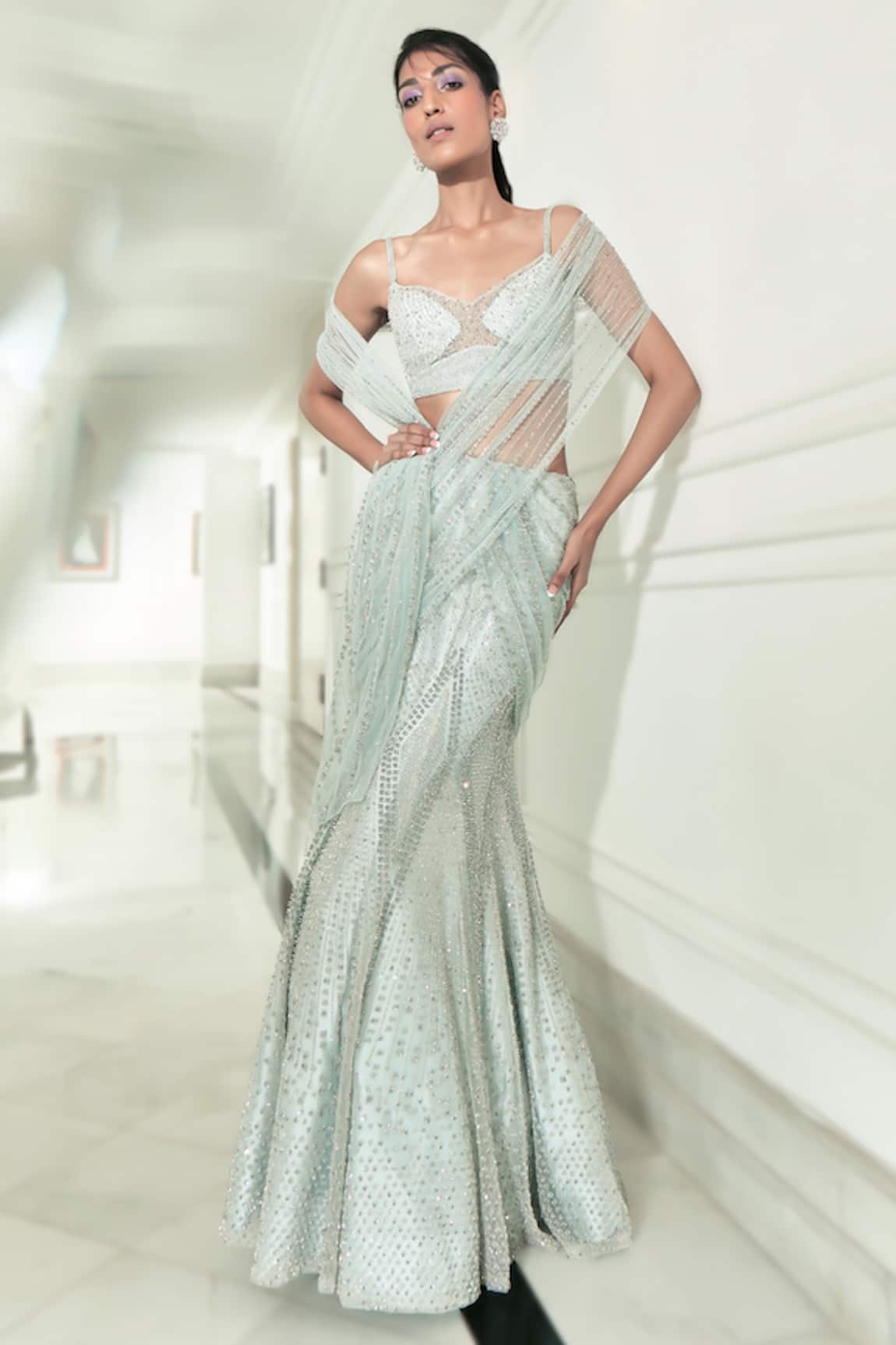 Rohit Gandhi + Rahul Khanna Azure Pre-Stitched Skirt Saree With Embroidered Blouse