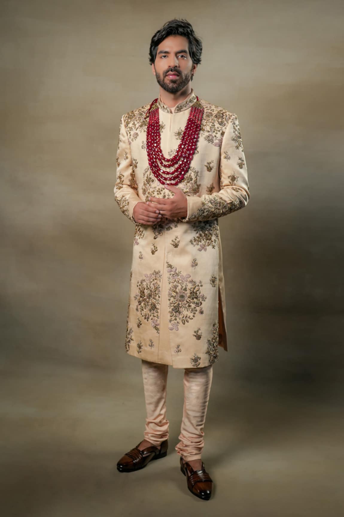 Jatin Malik Frosted Almond Mughal Floral Work Sherwani Set