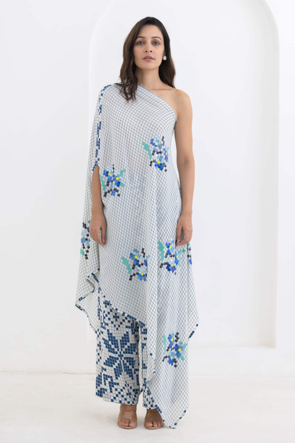 Pooja Rajgarhia Gupta Matrix Floral Print One Shoulder Tunic With Trouser