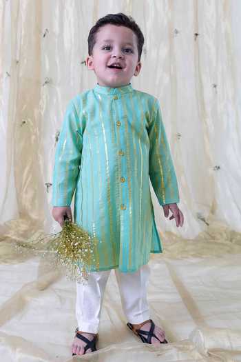 Tiber Taber Green Stripe Pattern Kurta Set 