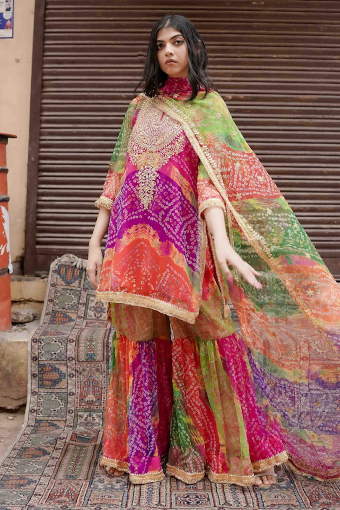 Gulabo Jaipur Qala Bandhani Pattern Kurta Sharara Set