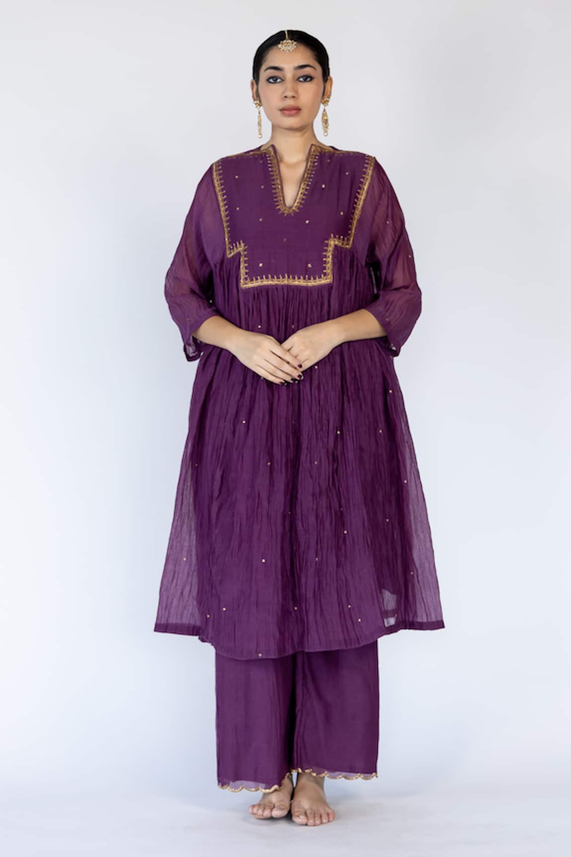Nirjara Farah Flared Embroidered Yoke Kurta With Pant