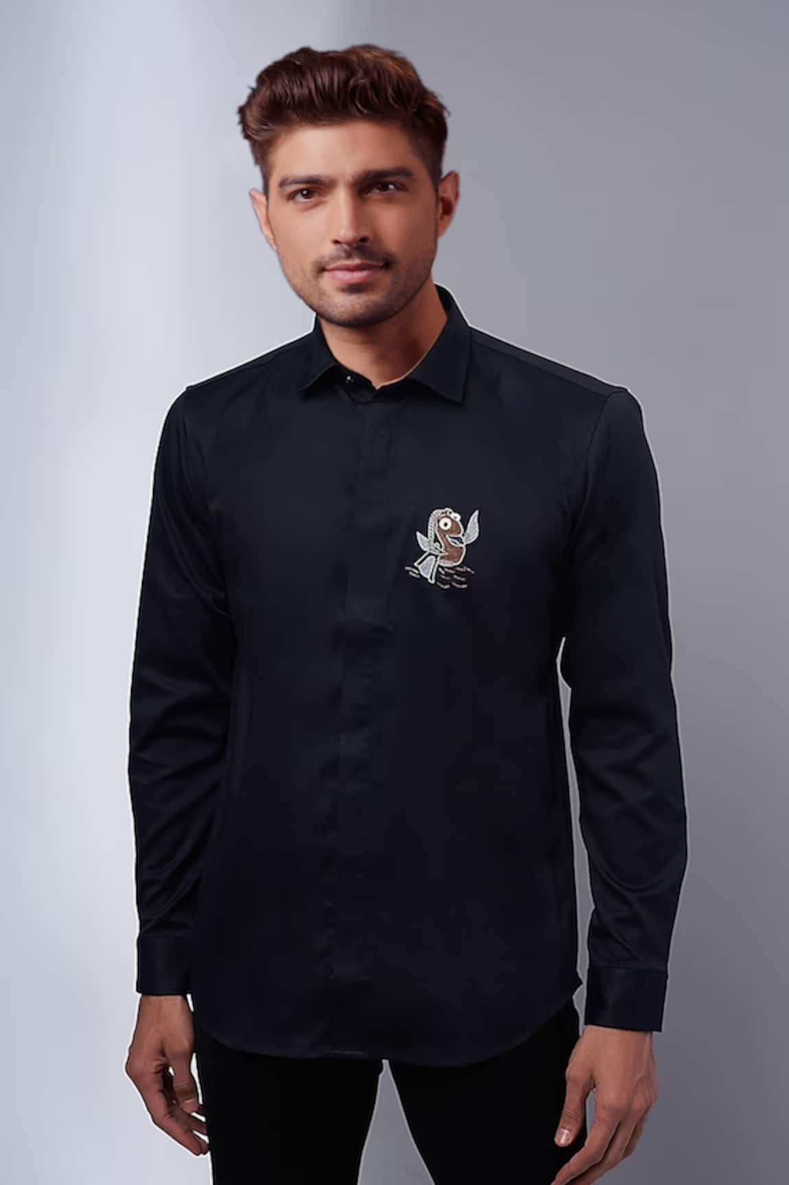 SAMMOHAN CEREMONIAL Full Sleeve Placement Fish Embroidered Shirt