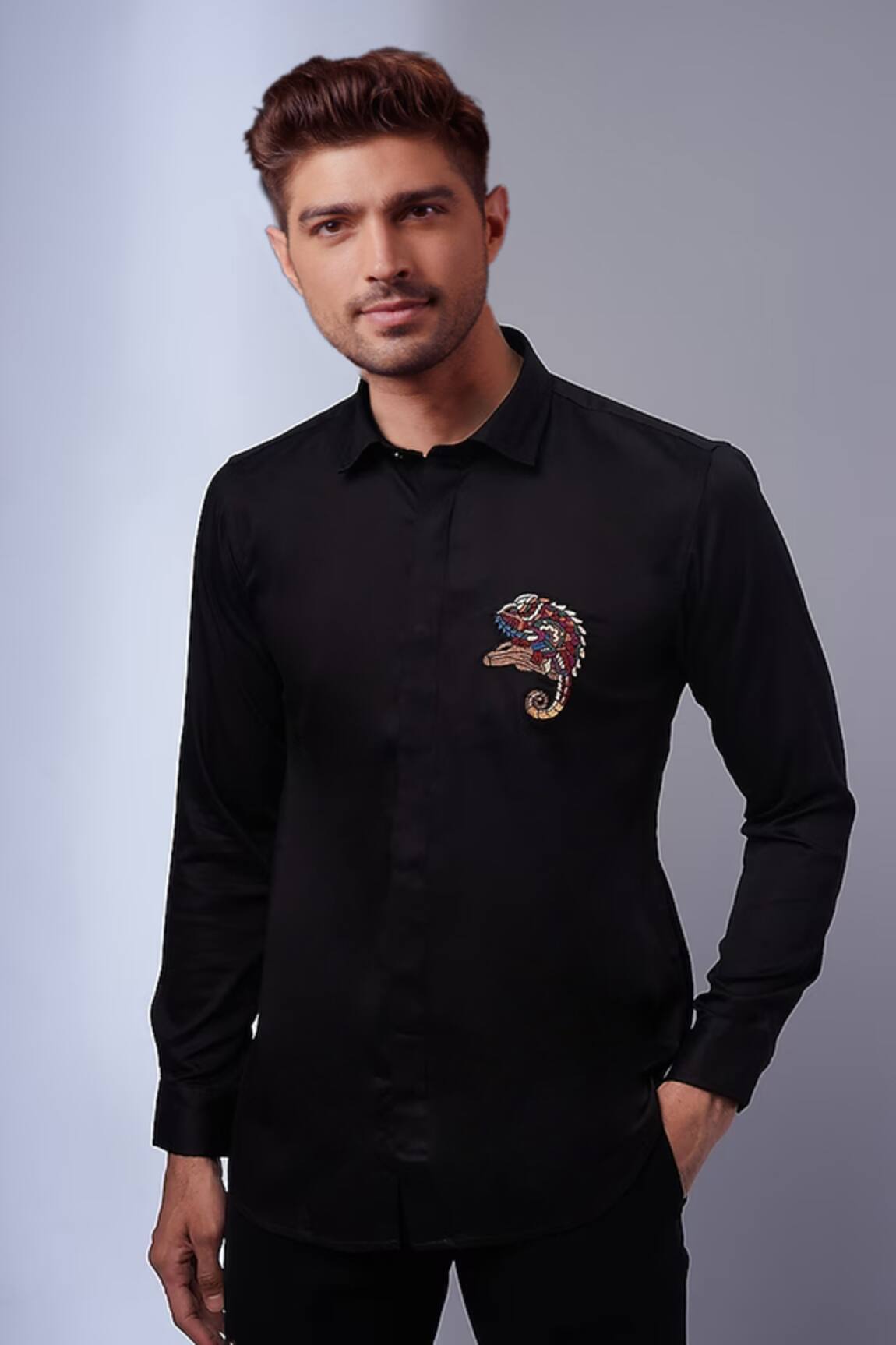 SAMMOHAN CEREMONIAL Placement Chameleon Abstract Embroidered Shirt