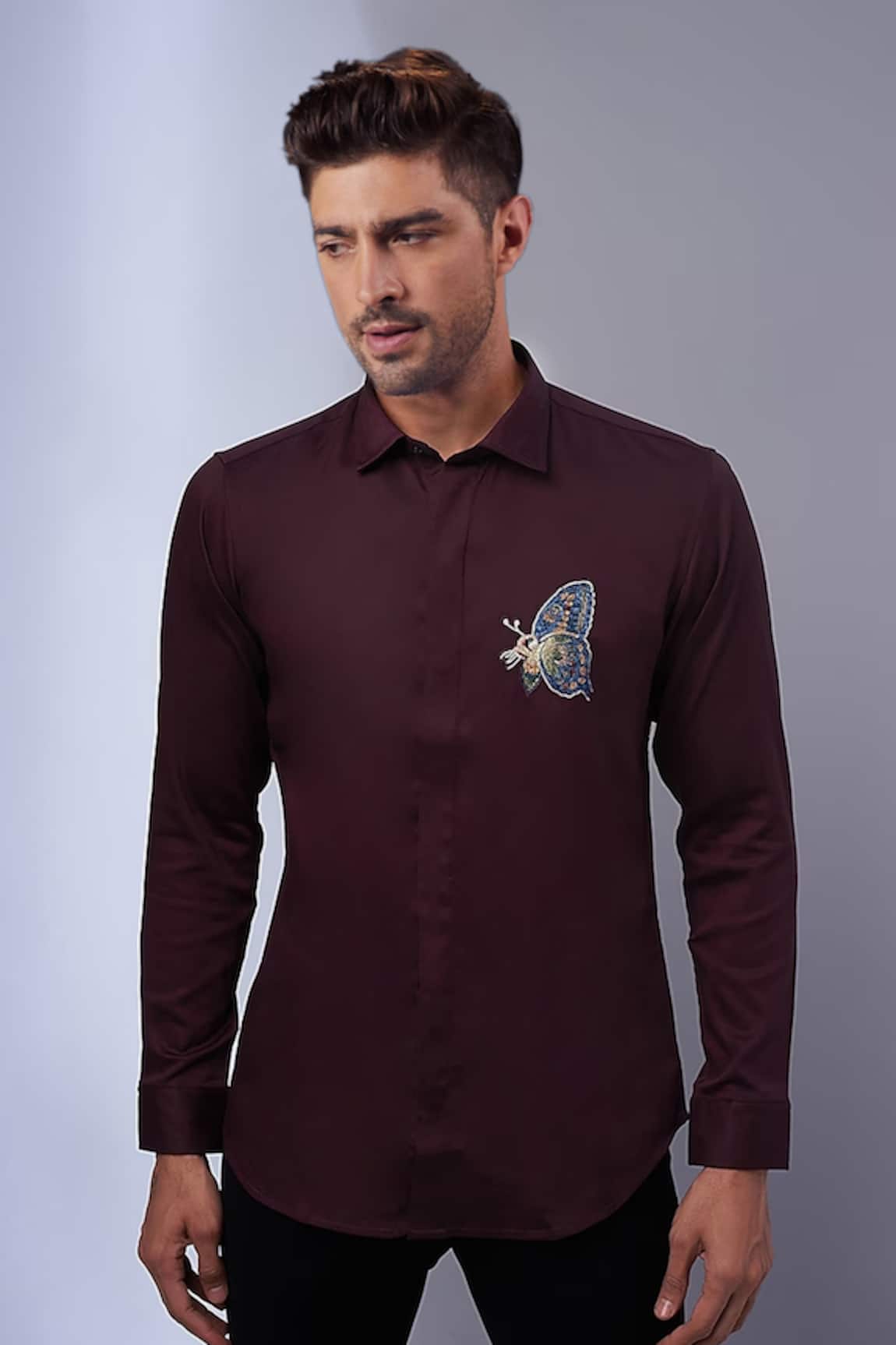SAMMOHAN CEREMONIAL Contrast Placement Butterfly Embroidered Shirt