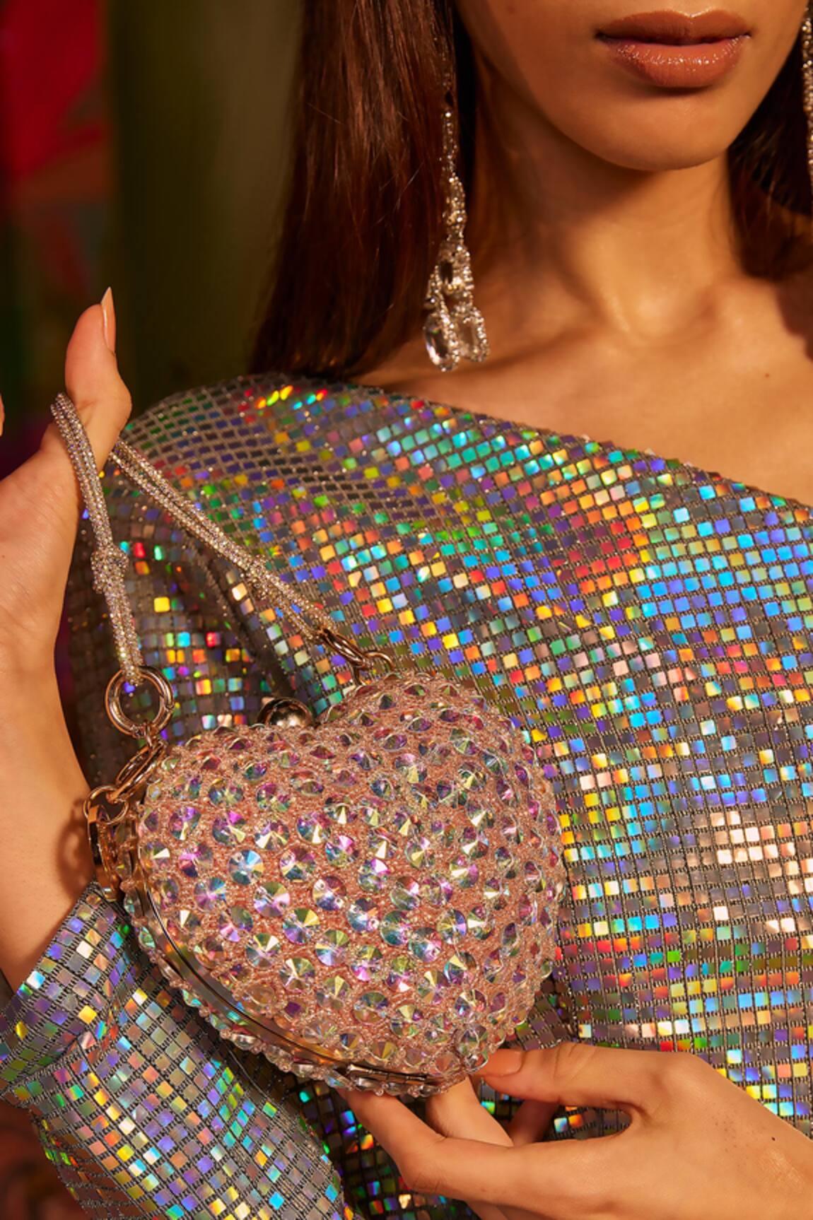 BAG HEAD Holographic Crystal Embellished Heart Bag 