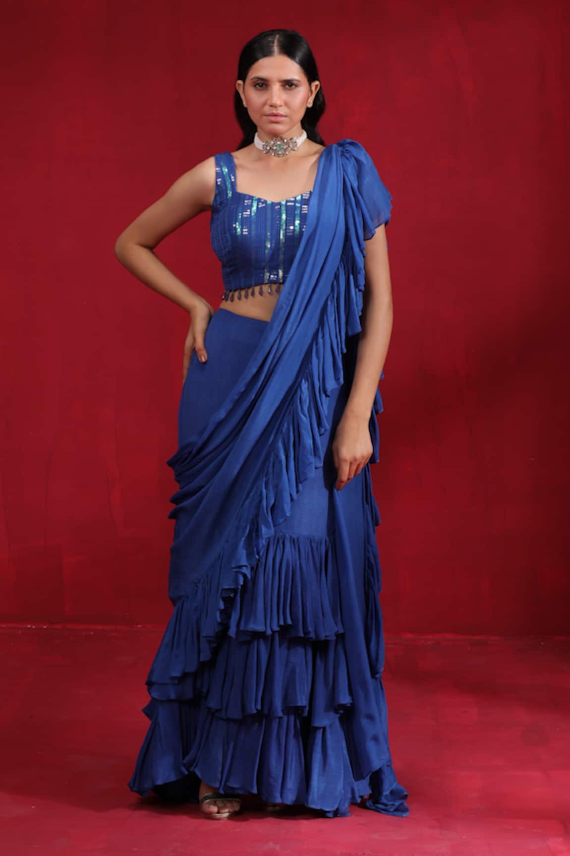 Ruh Clothing Pre-Stitched Ruffle Saree With Embroidered Blouse