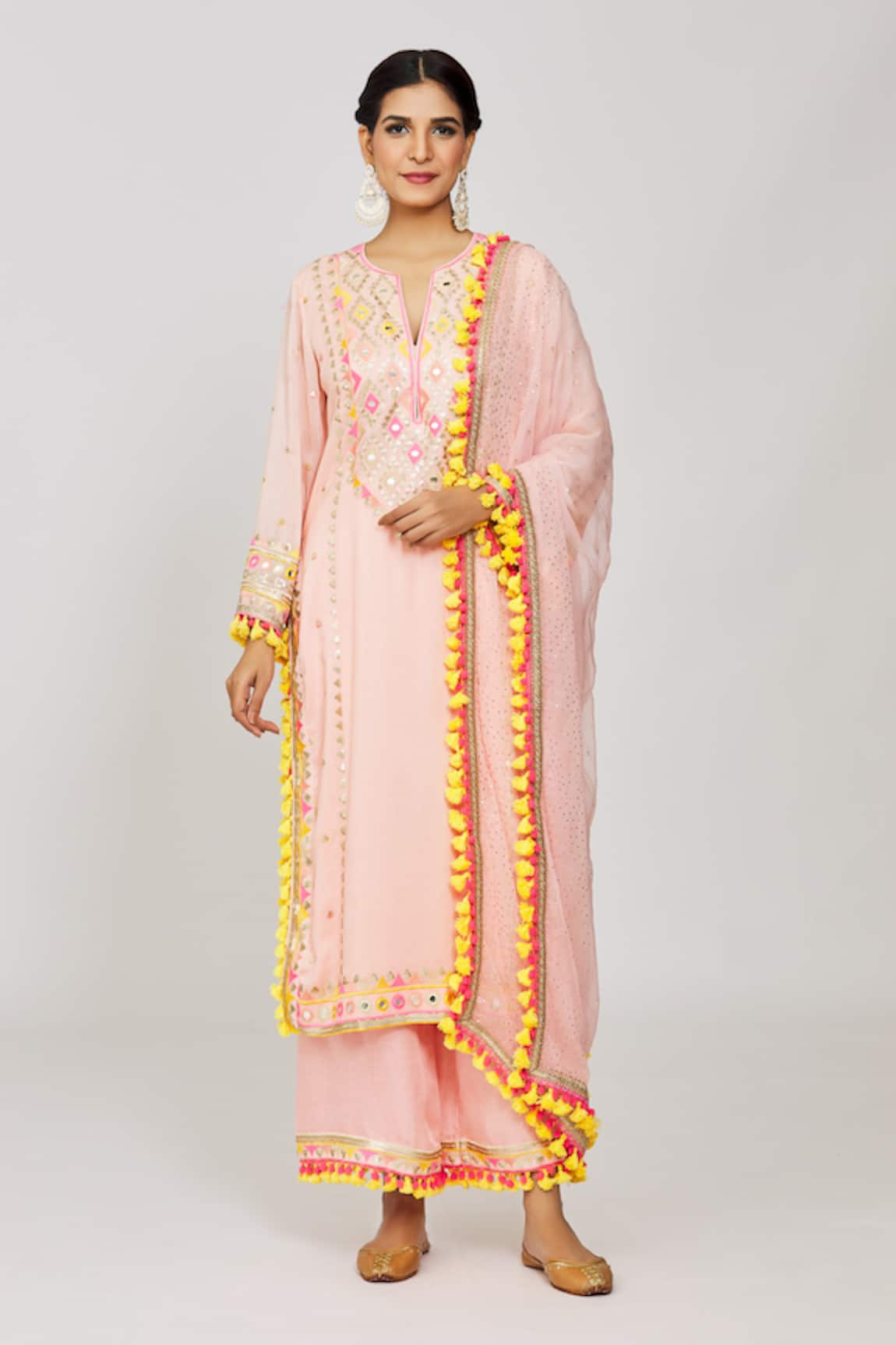 Gopi Vaid Pink Geometric Embroidered Kurta Palazzo Set