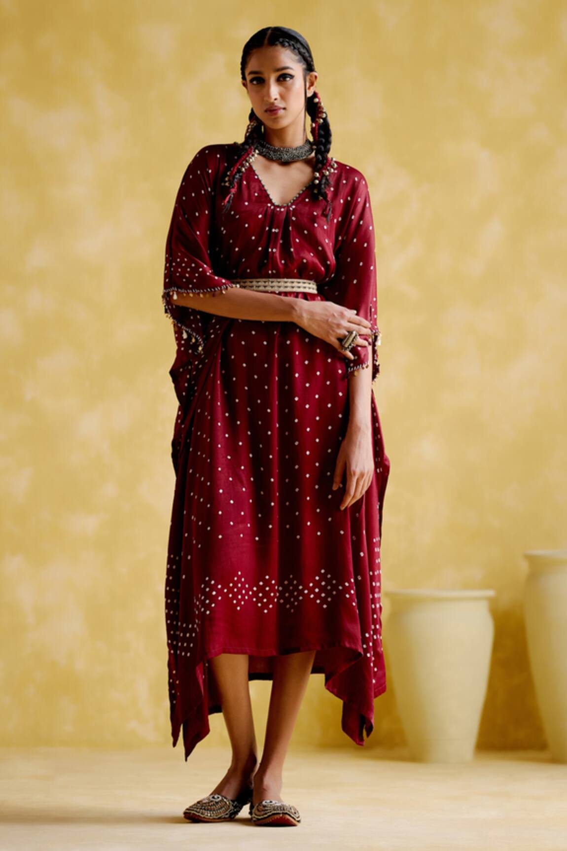 5elements Annika Bandhani Print Kaftan With Belt