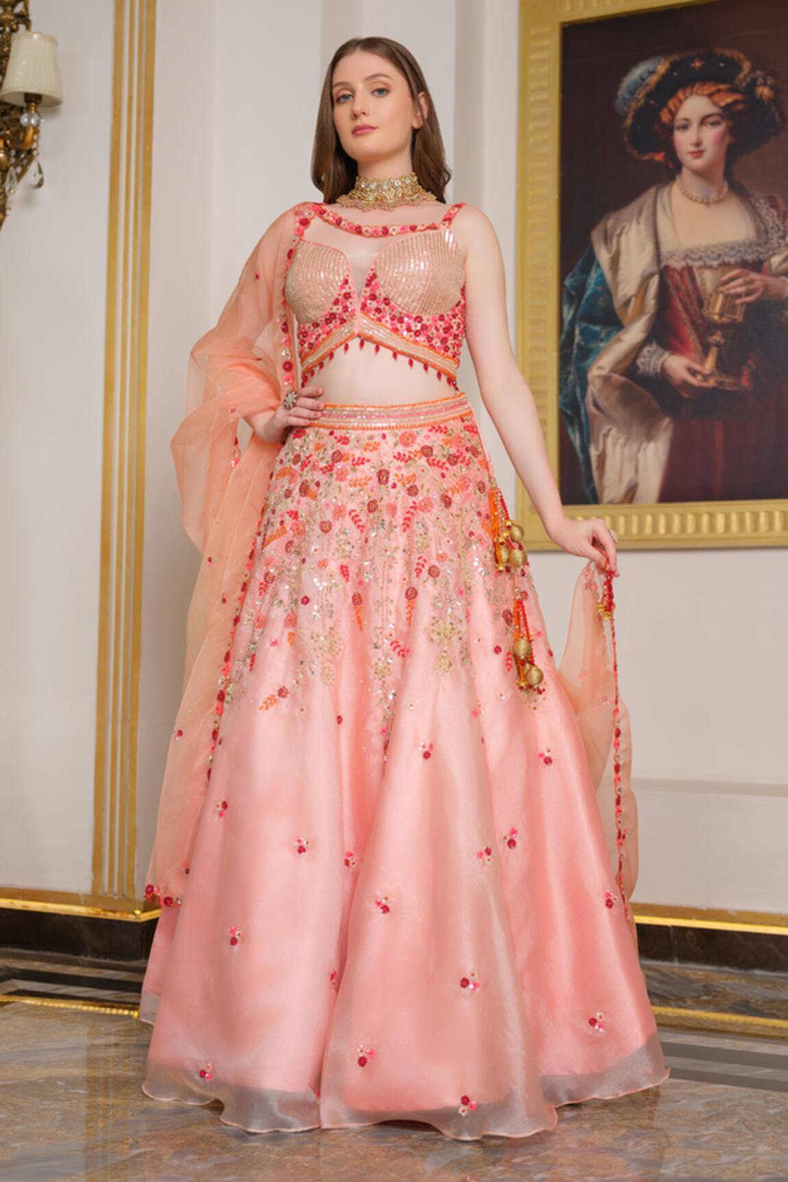 Tamaraa By Tahani Floral Bead & Crystal Embroidered Lehenga Set