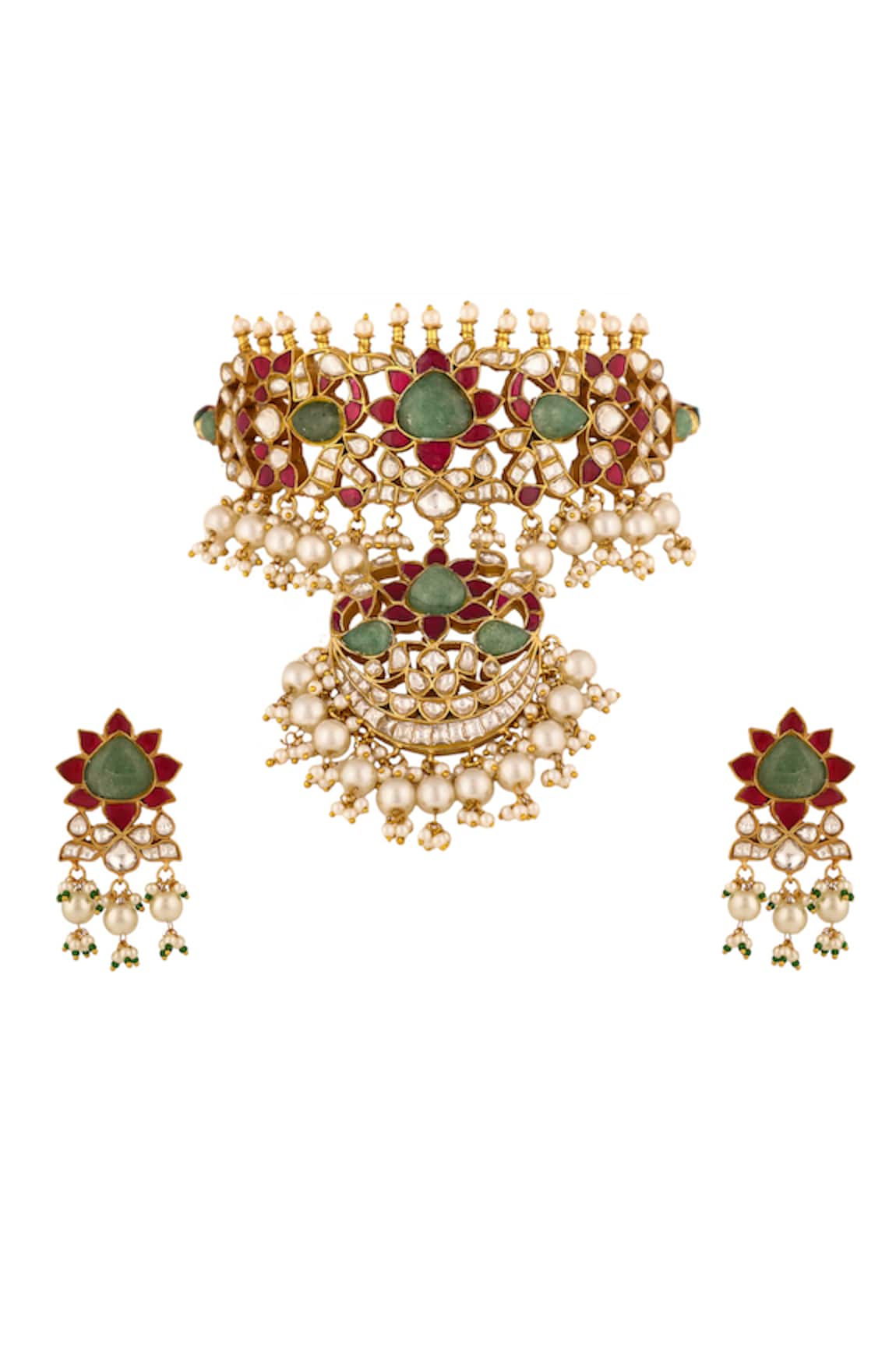 Riana Jewellery Floral Jadau Stones Necklace & Earring Set 