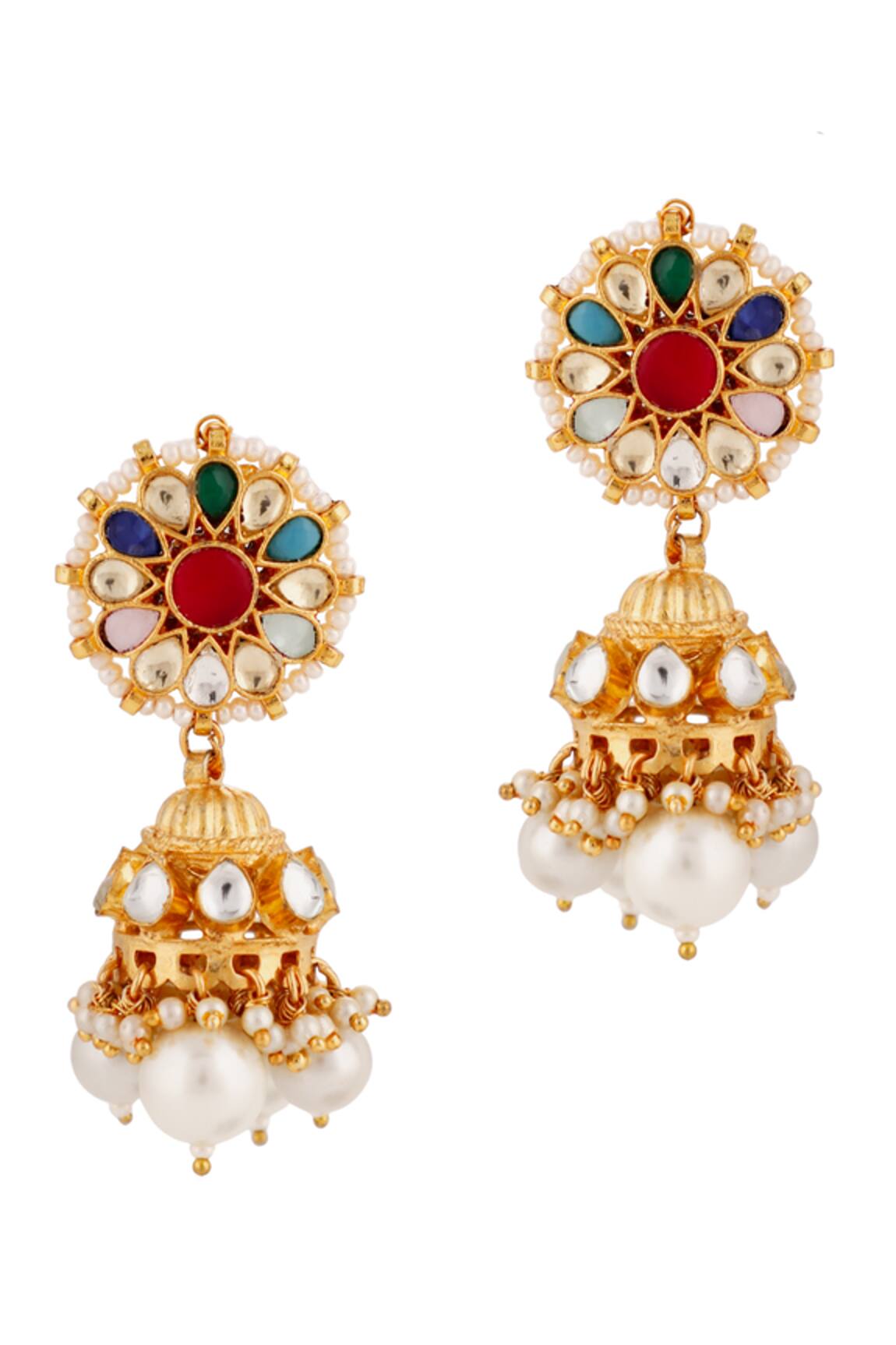 Riana Jewellery Navratna Stones Embellished Jhumkas 
