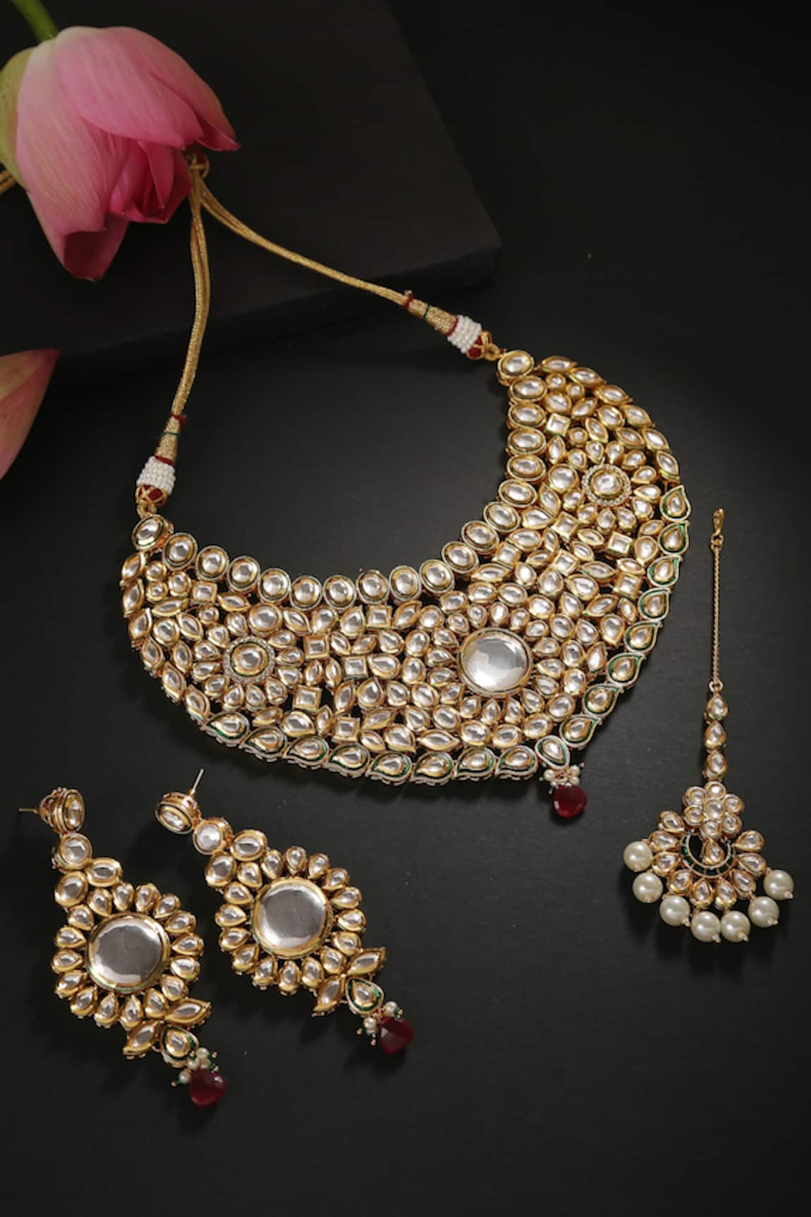 MINAKI Ruby Red Bead Kundan Necklace Set 