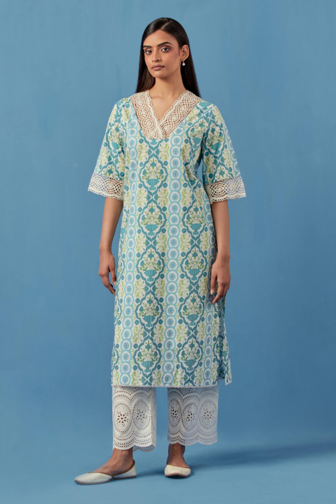 Sage Saga Floral Schiffli Kurta & Palazzo Set