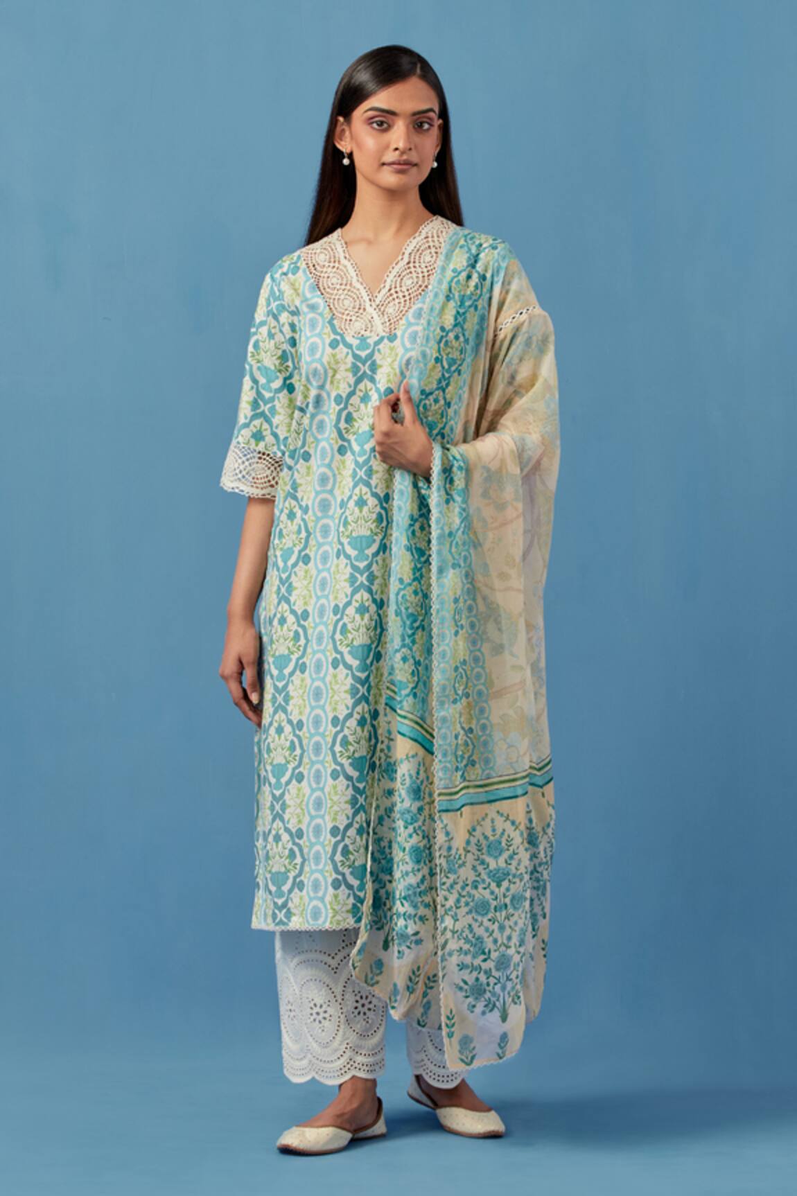 Sage Saga Floral Print Kurta Palazzo Set