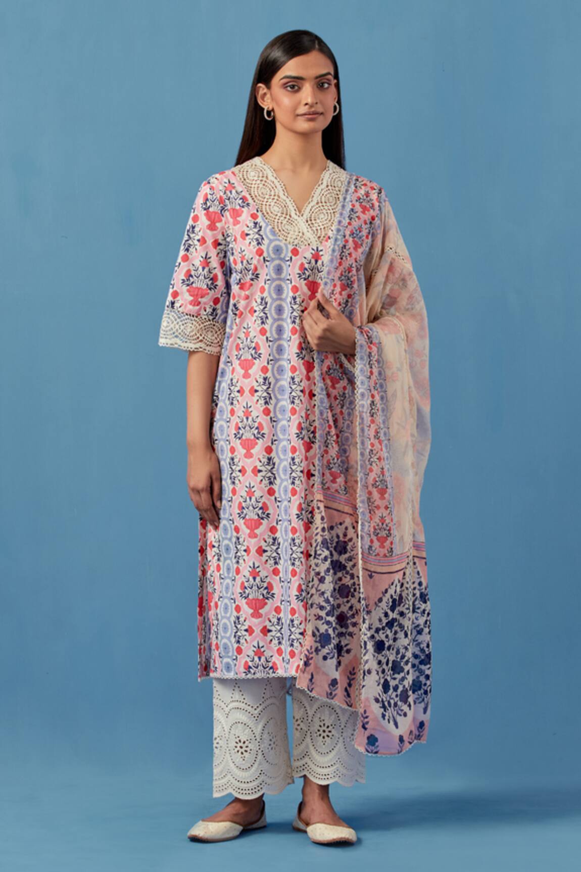 Sage Saga Floral Schiffli Embroidered Kurta Palazzo Set