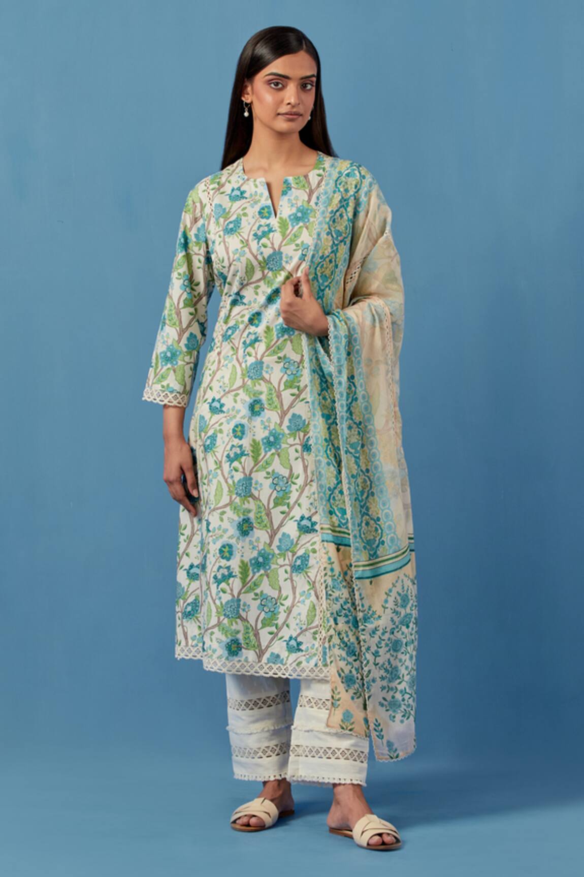 Sage Saga Floral Vine Print Kurta Palazzo Set