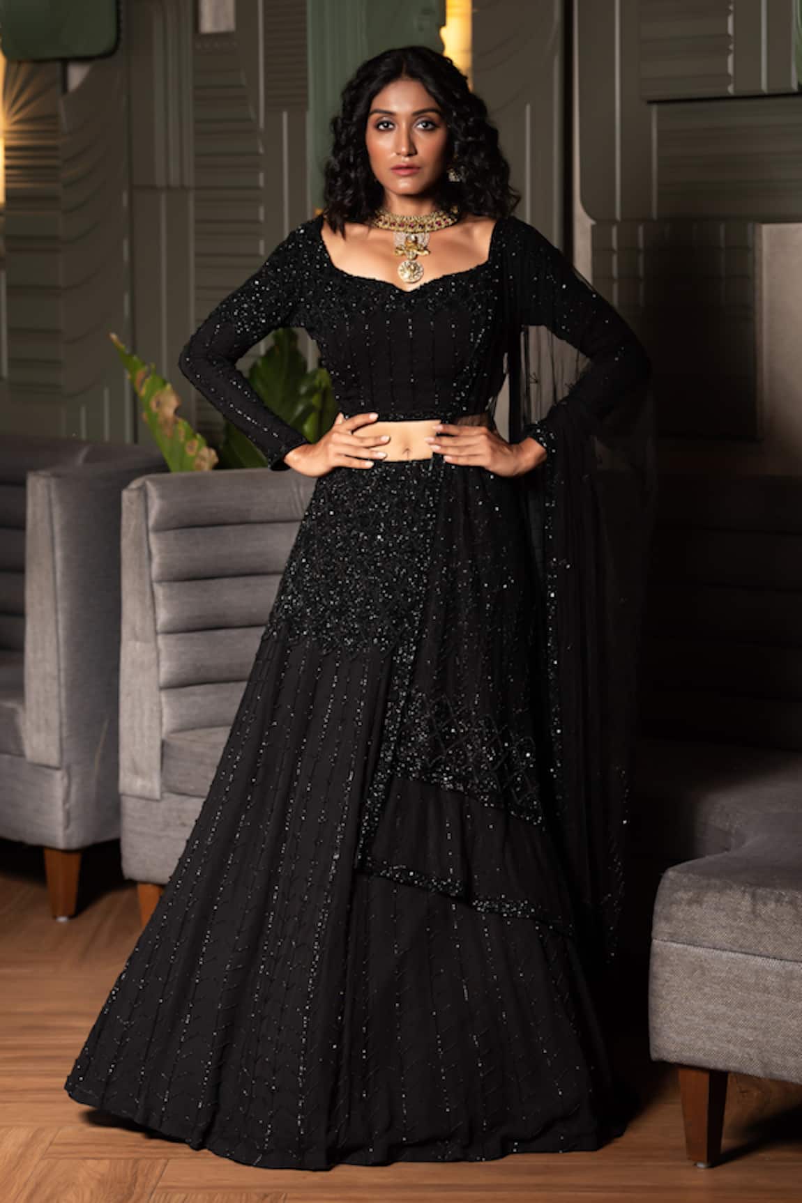 Midushi Bajoria Geometric Cutdana Embroidered Lehenga Set 
