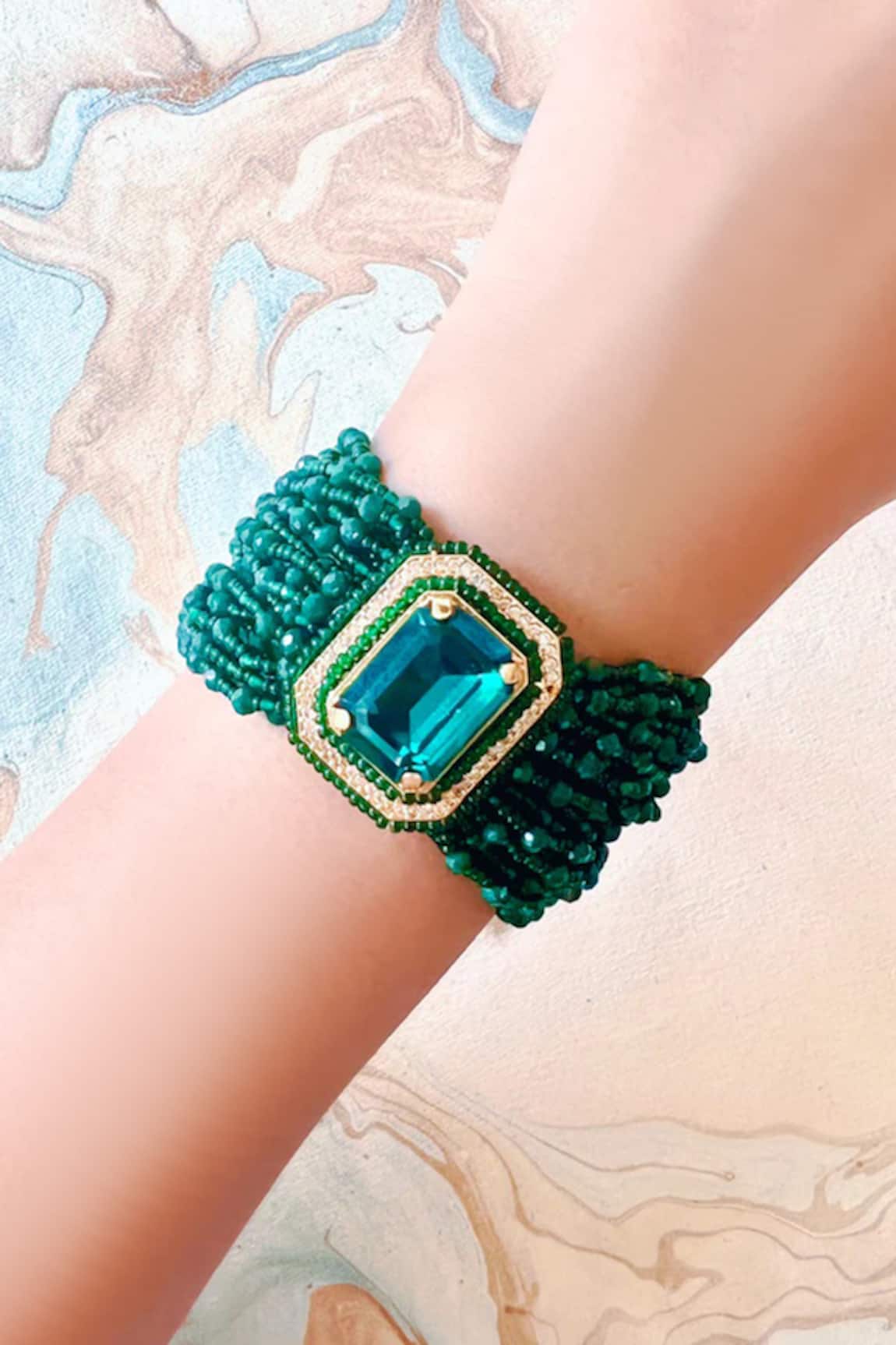 PRERTO Green Kundan Multi Layered Bracelet