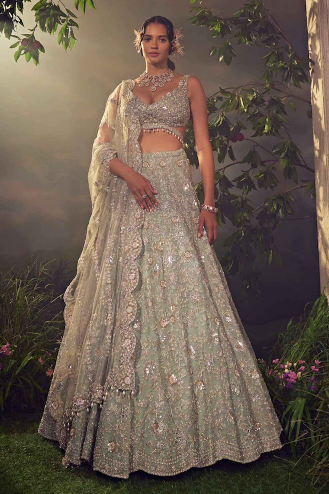 Aneesh Agarwaal Pearl & Sequin Embellished Lehenga Set