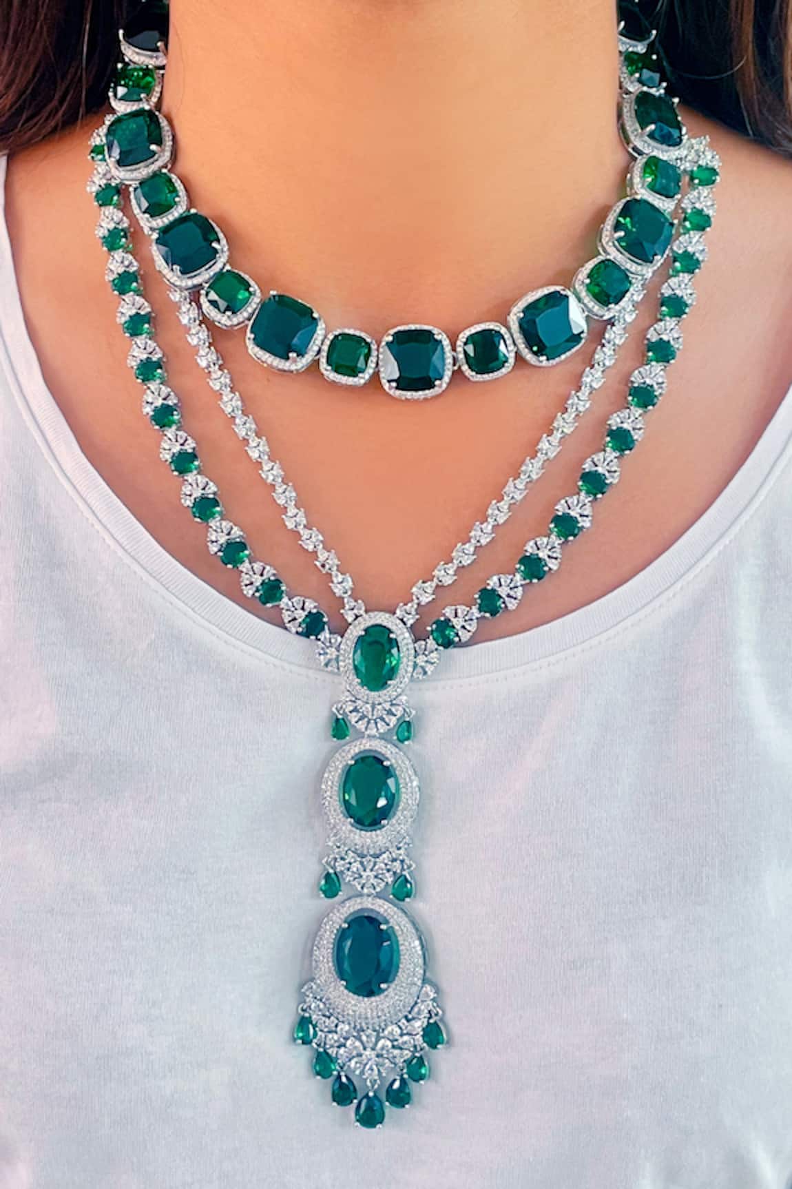 Prerto Maharani Sabz Sa Emerald Diamond Embellished Necklace Set