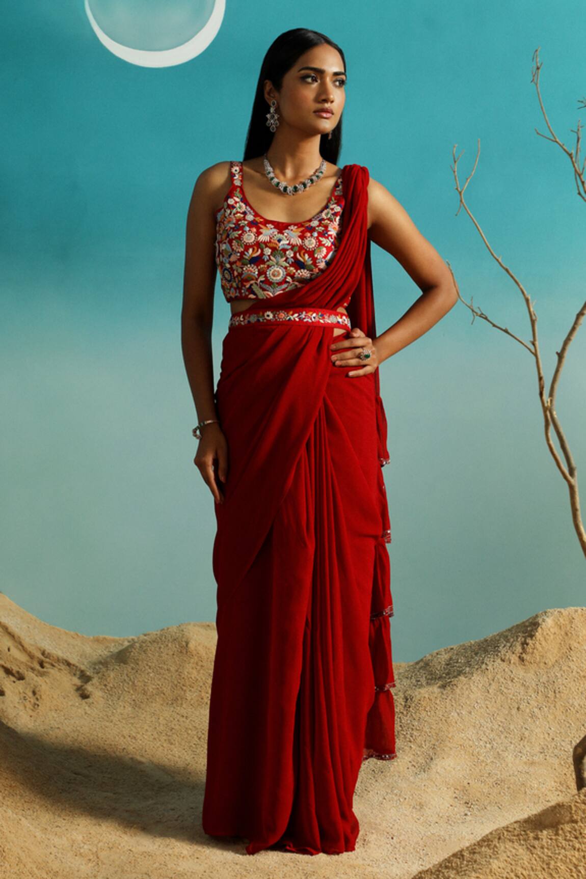 Paaprika Pre-Draped Saree With Embroidered Belt 