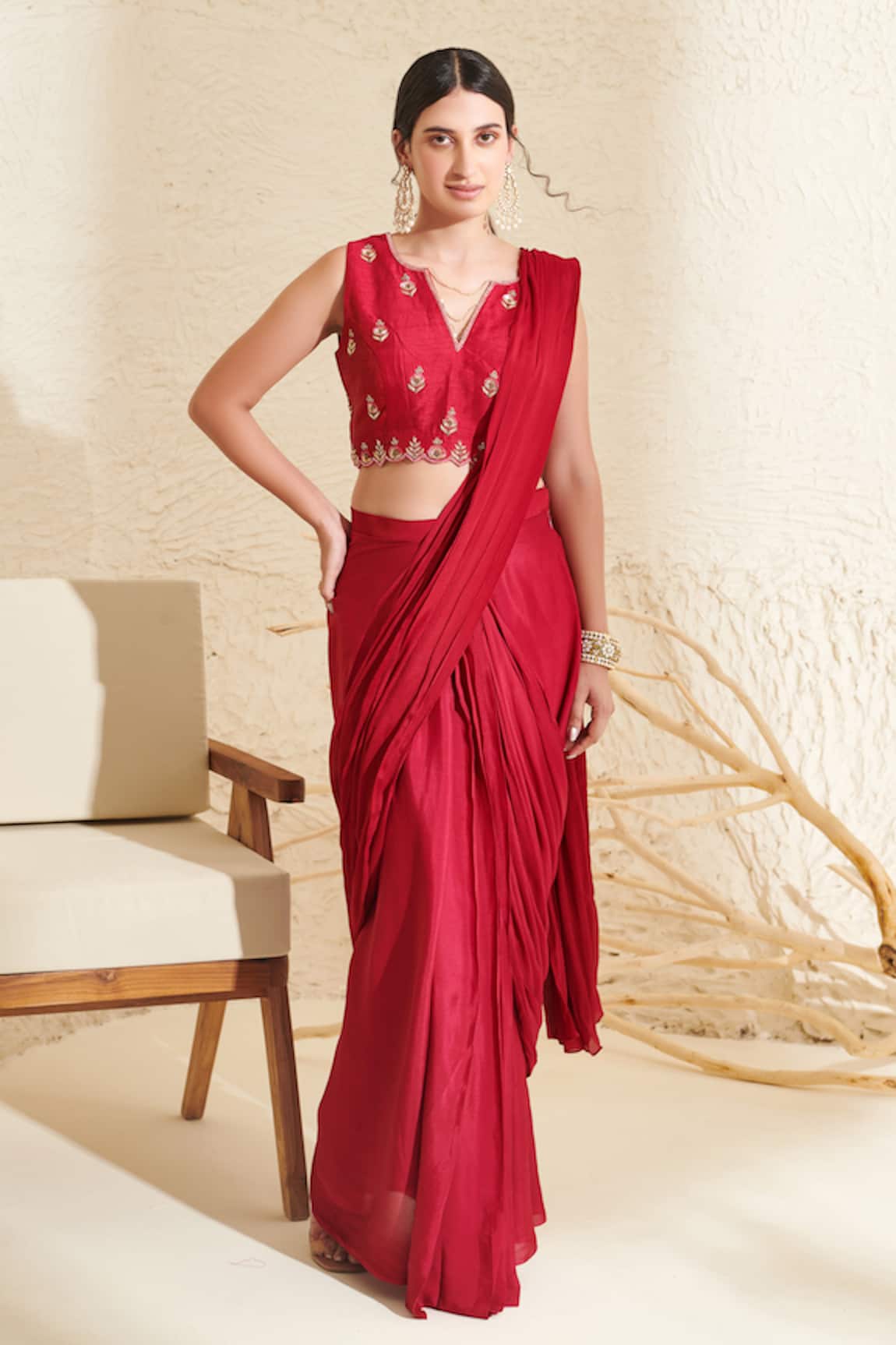 Flamingo the label Chiffon Pre-Stitched Saree With Embroidered Blouse