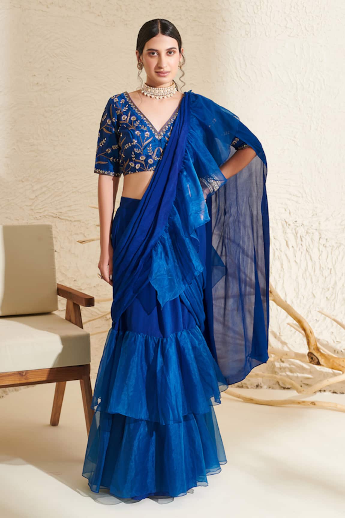 Flamingo the label Pre-Draped Ruffle Saree With Floral Embroidered Blouse