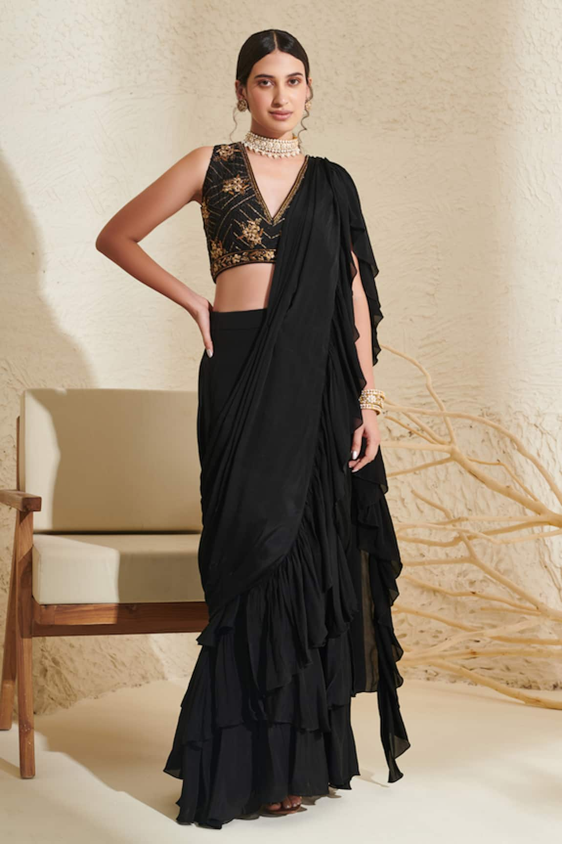 Flamingo the label Pre-Stitched Ruffle Saree With Blouse