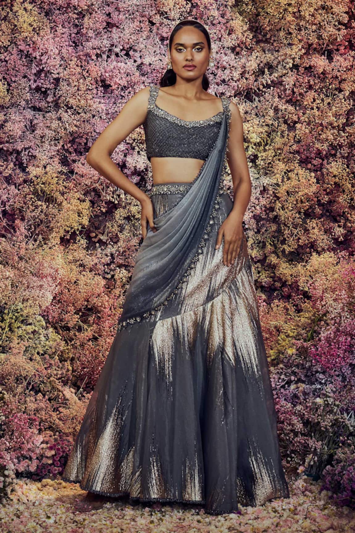 Shilpi Gupta Shadow Embroidered Pre-Draped Skirt Saree With Blouse