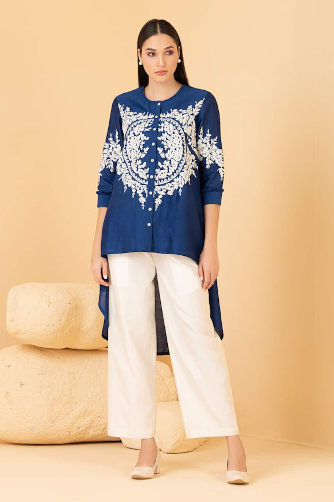 Divi by sonal khandelwal Chanderi Thread Embroidered High Low Top With Palazzo