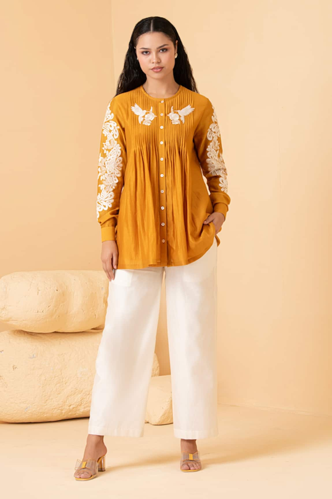 Divi by sonal khandelwal Chanderi Floral Embroidered Top & Palazzo Set