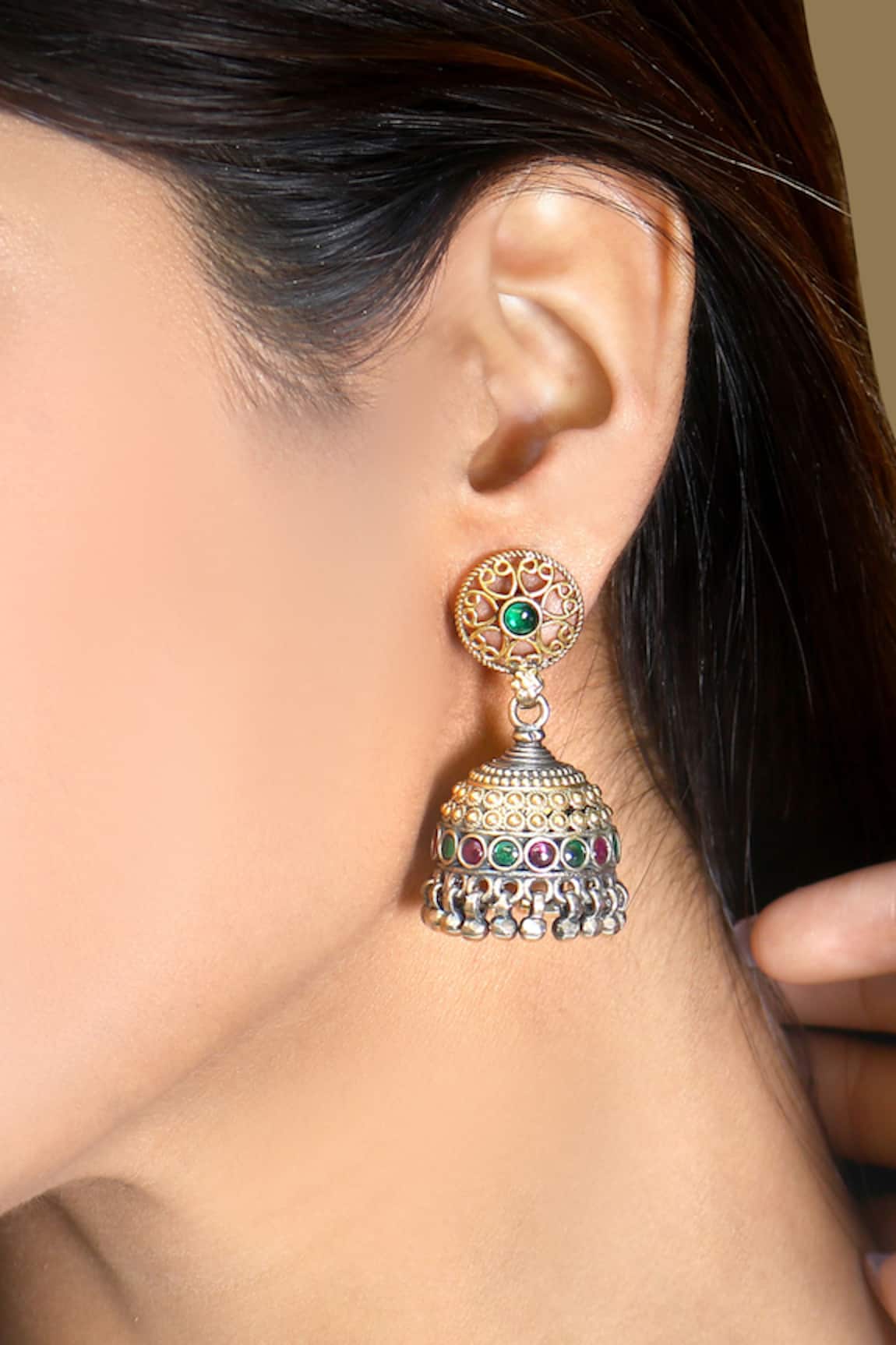 Noor Geometric Carved Cutwork Jhumki Earrings