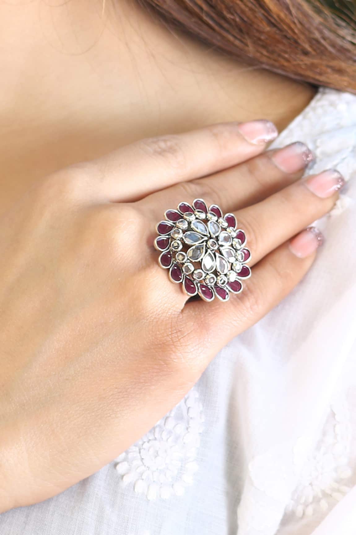 Noor Checker Stone Studded Floral Ring